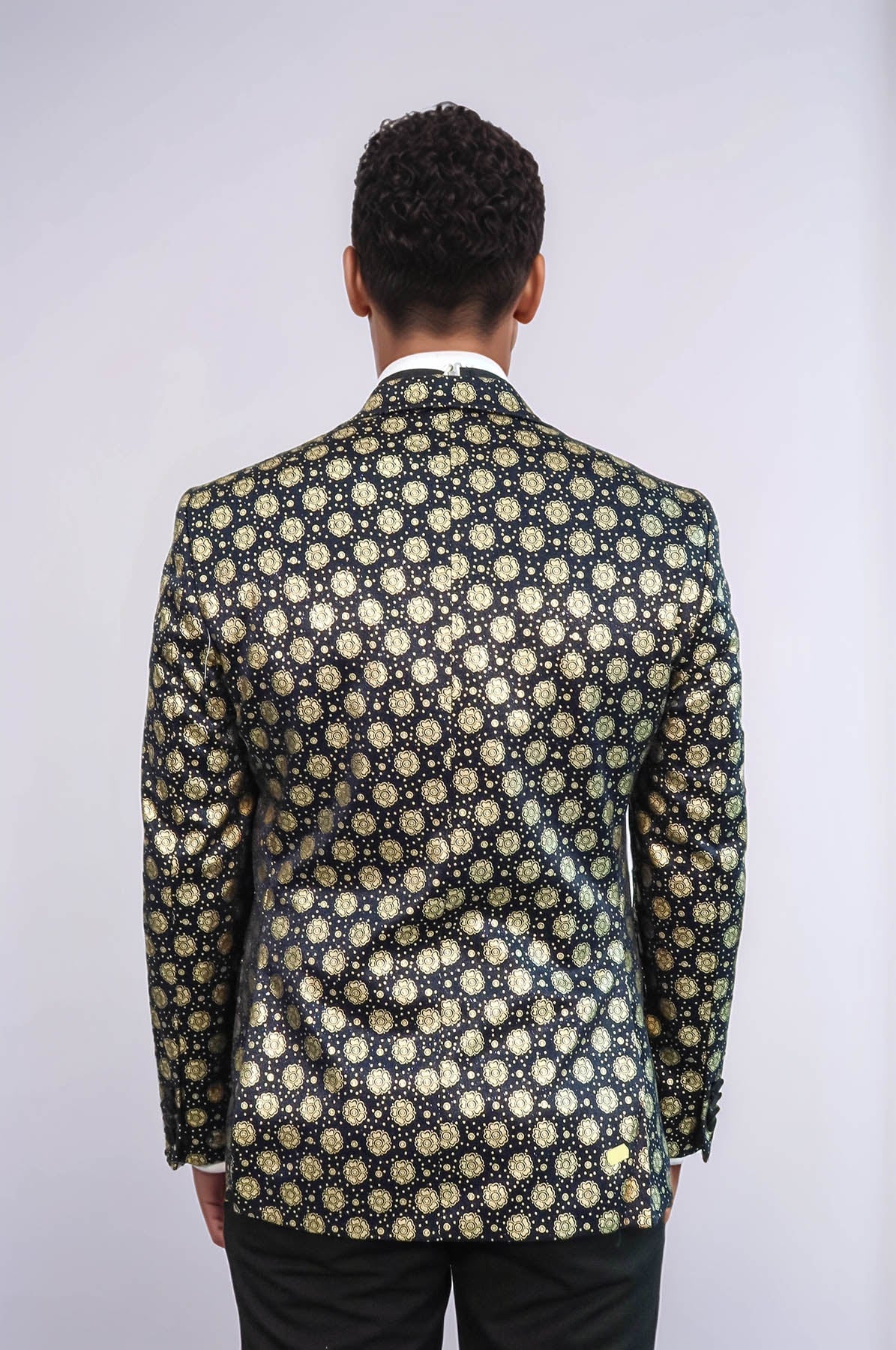 Floral Patterned Peak Lapel Navy Blue with Gold Embellished Dinner Jacket