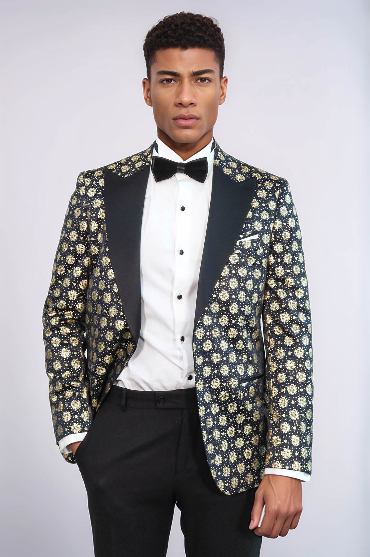 Floral Patterned Peak Lapel Navy Blue with Gold Embellished Dinner Jacket