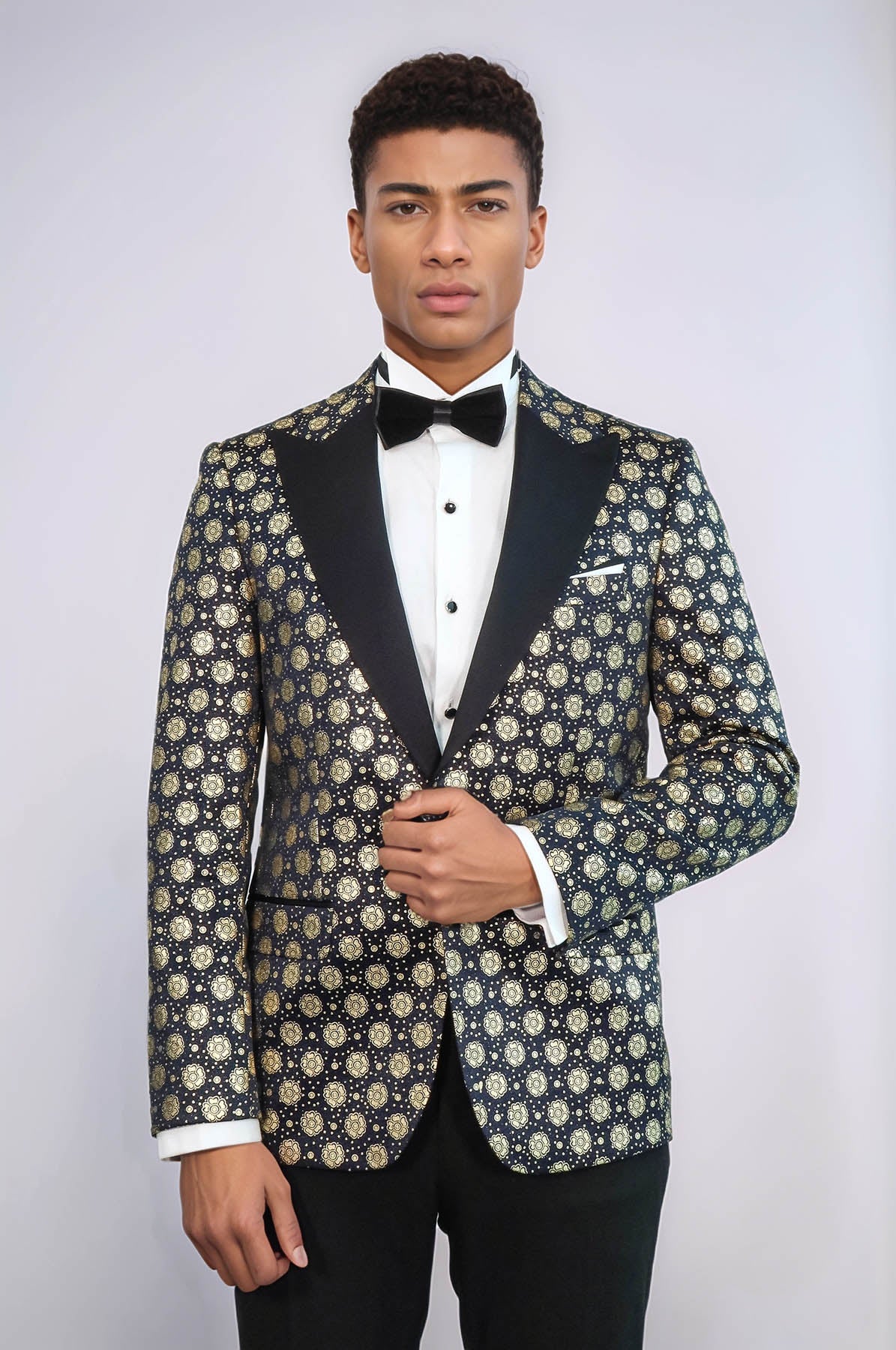Floral Patterned Peak Lapel Navy Blue with Gold Embellished Dinner Jacket
