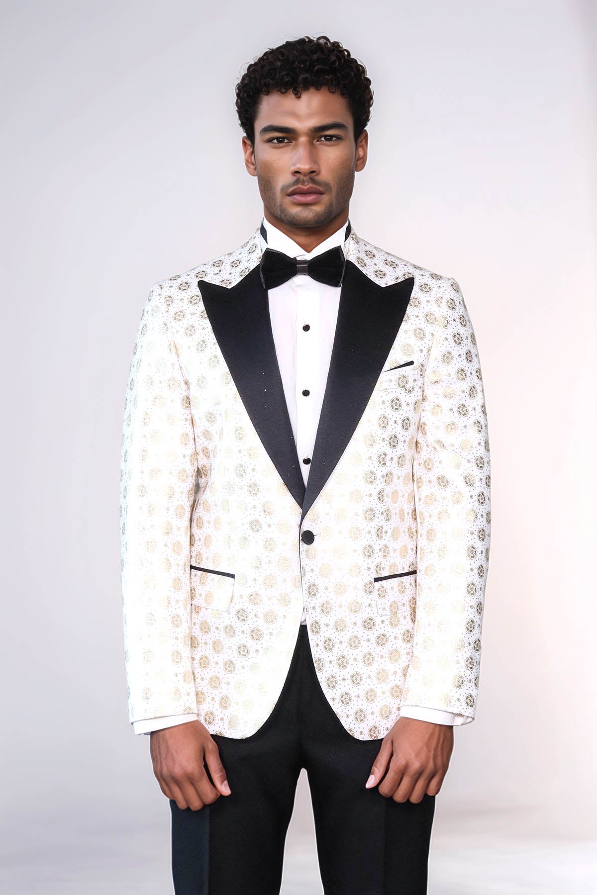 Floral Patterned Peak Lapel White Men Wedding Tuxedo Blazer - Wessi