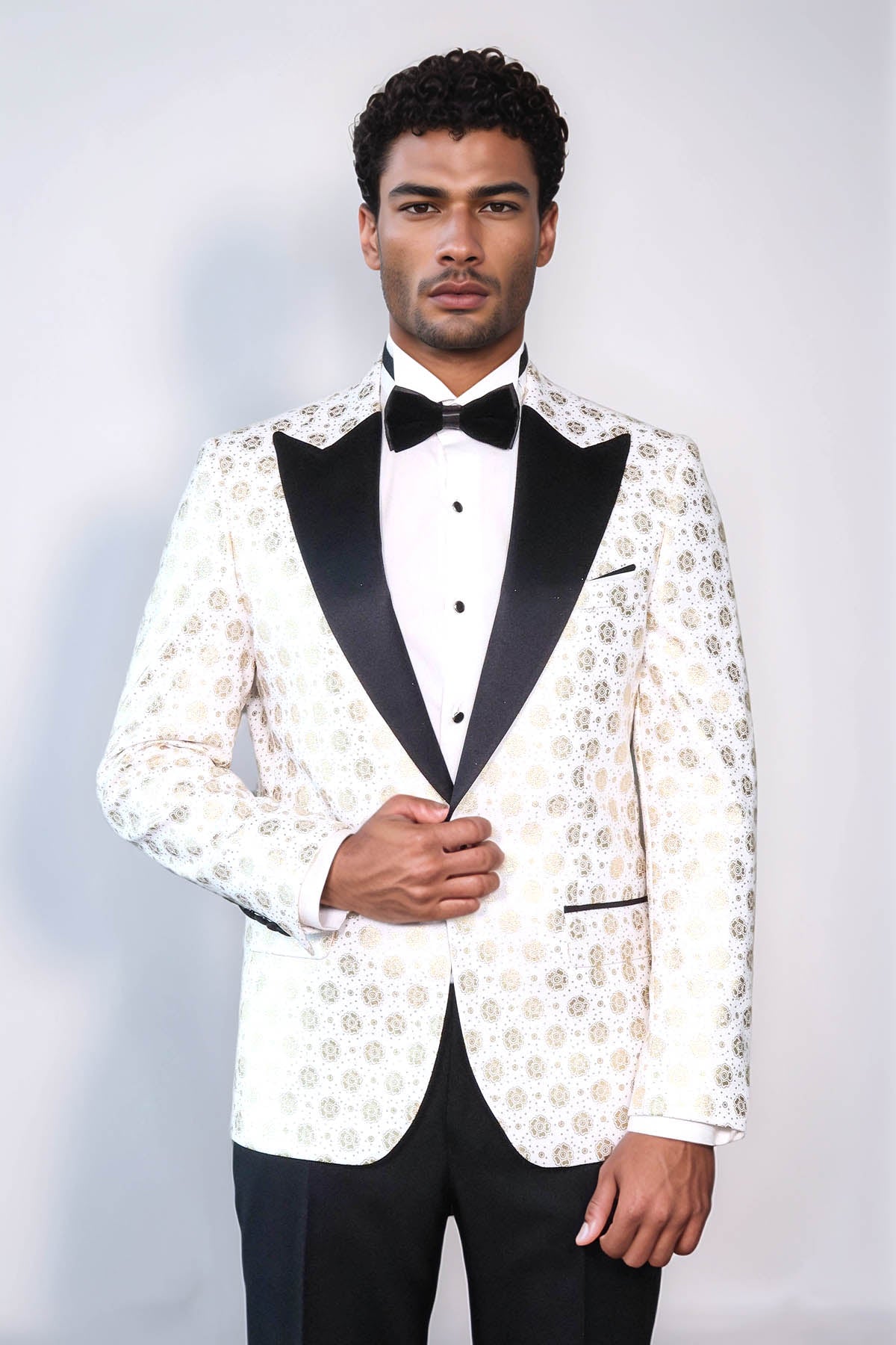 Floral Patterned Peak Lapel White Men Wedding Tuxedo Blazer - Wessi