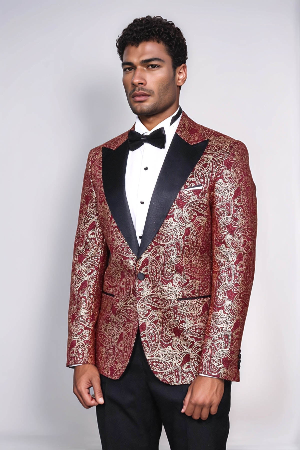 Paisley Peak Lapel Burgundy Men Singer Tuxedo Blazer - Wessi