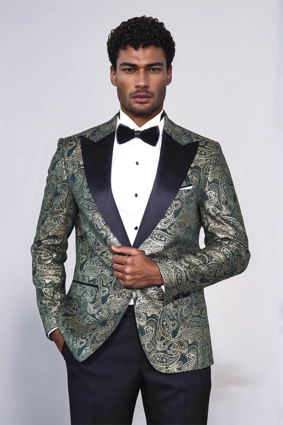 Paisley Peak Lapel Green Men Stage Tuxedo Jacket - Wessi