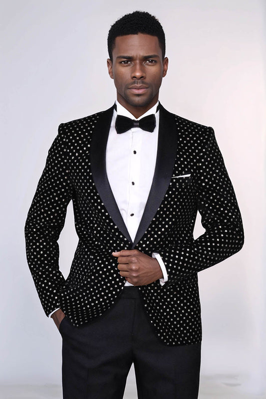 Dot Patterned Slim Fit Black Men Evening Dinner Blazer