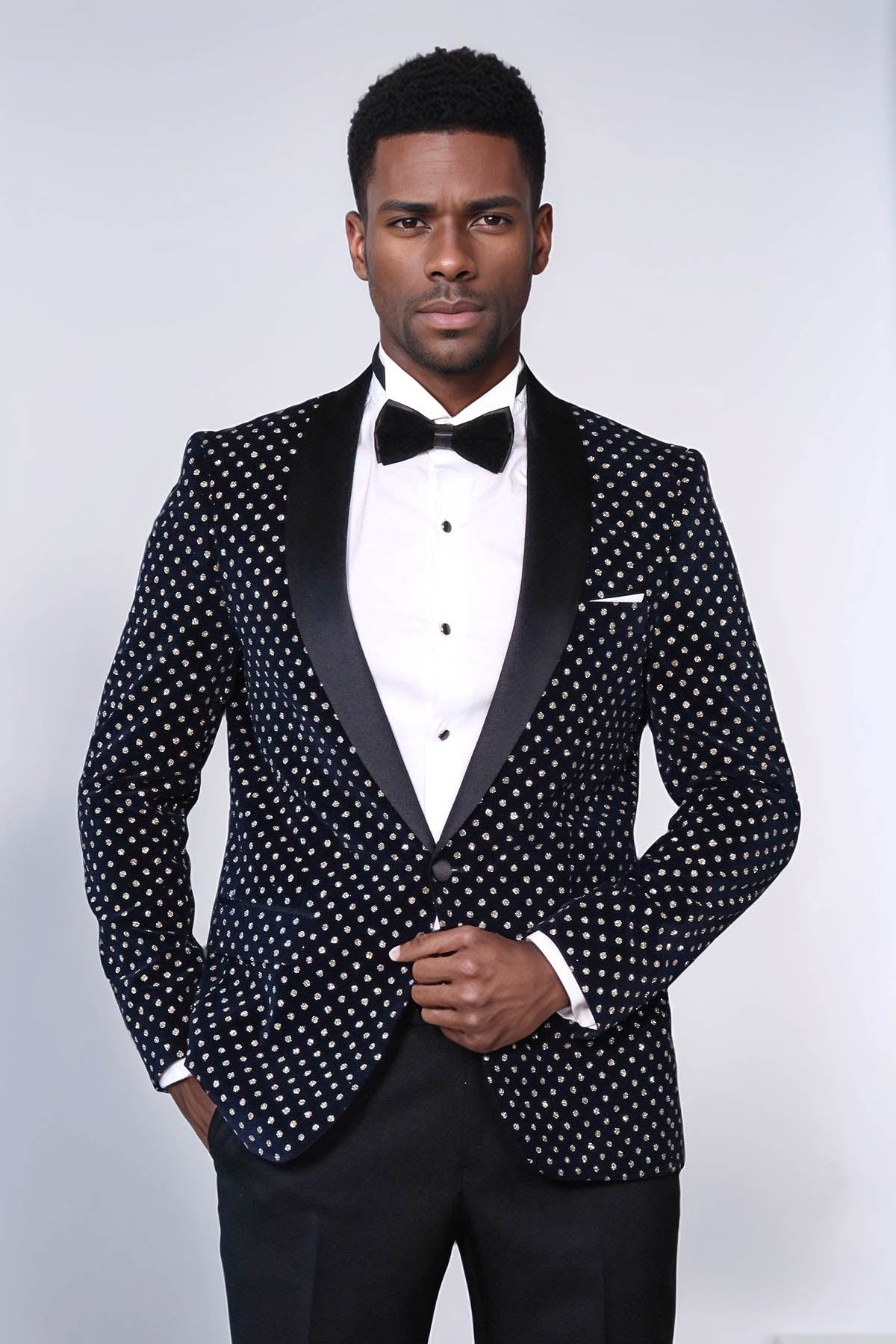 Dot Patterned Slim Fit Navy Blue Men Party Blazer - Wessi