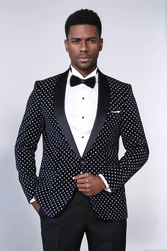 Dot Patterned Slim Fit Navy Blue Men Party Blazer