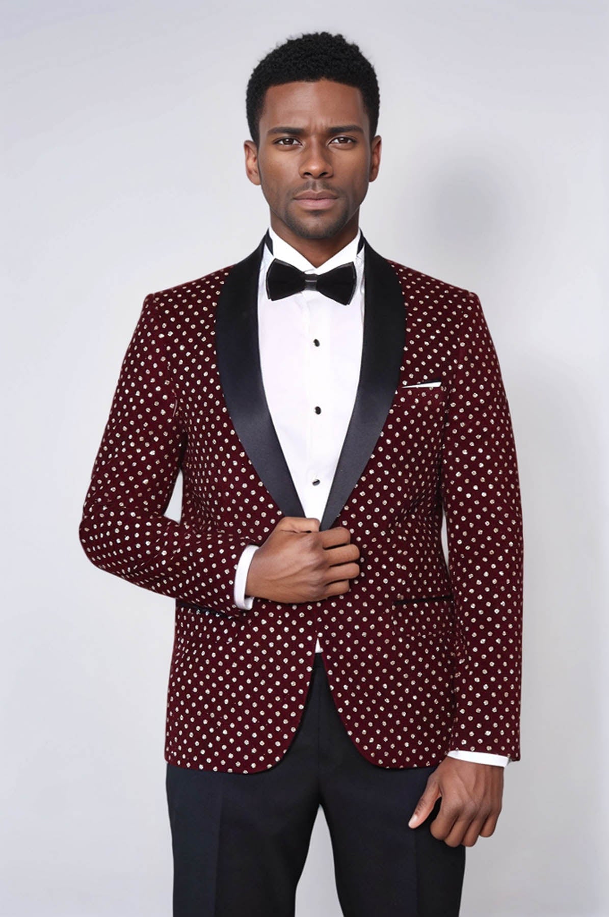 Dot Patterned Slim Fit Burgundy Men Dinner Jacket - Wessi