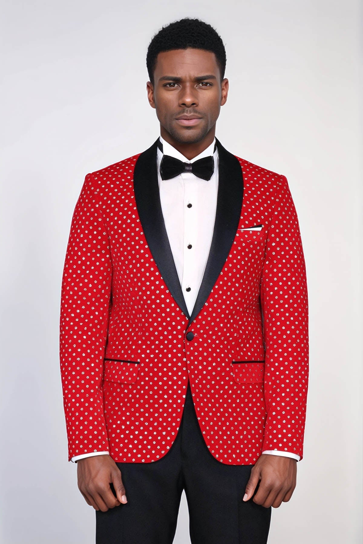 Dot Patterned Slim Fit Red Men Singer Tuxedo Blazer - Wessi