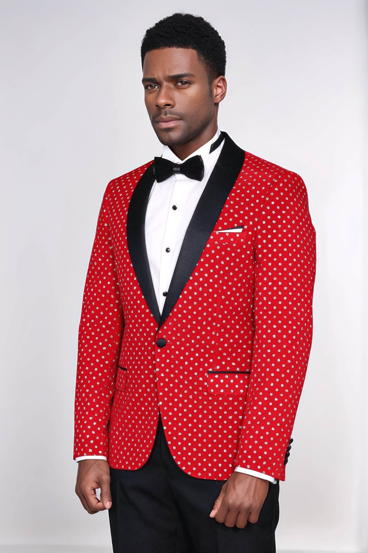 Dot Patterned Slim Fit Red Men Singer Tuxedo Blazer - Wessi
