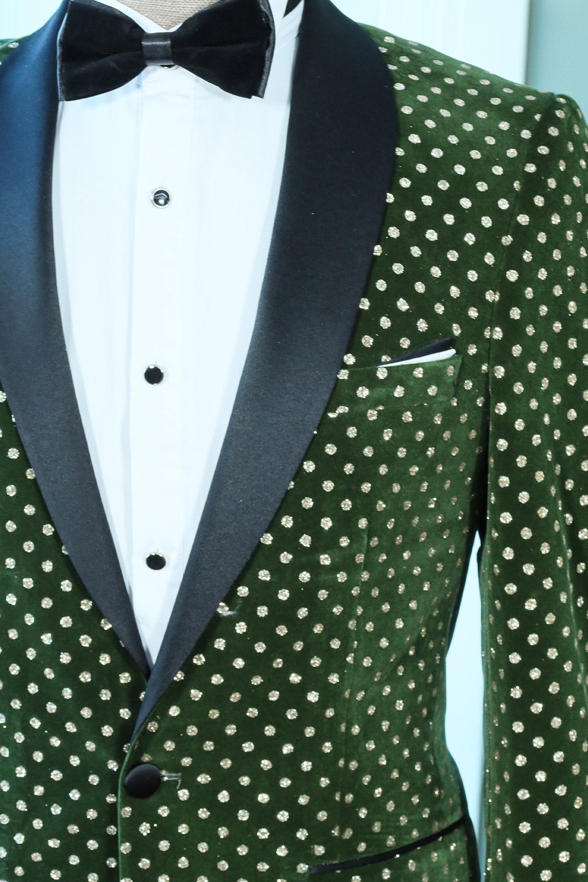 KOALA SYDNEY Emerald Green Velvet Polka Dot Peak Lapel Tuxedo Jacket with Black Pants - Luxe Party Style