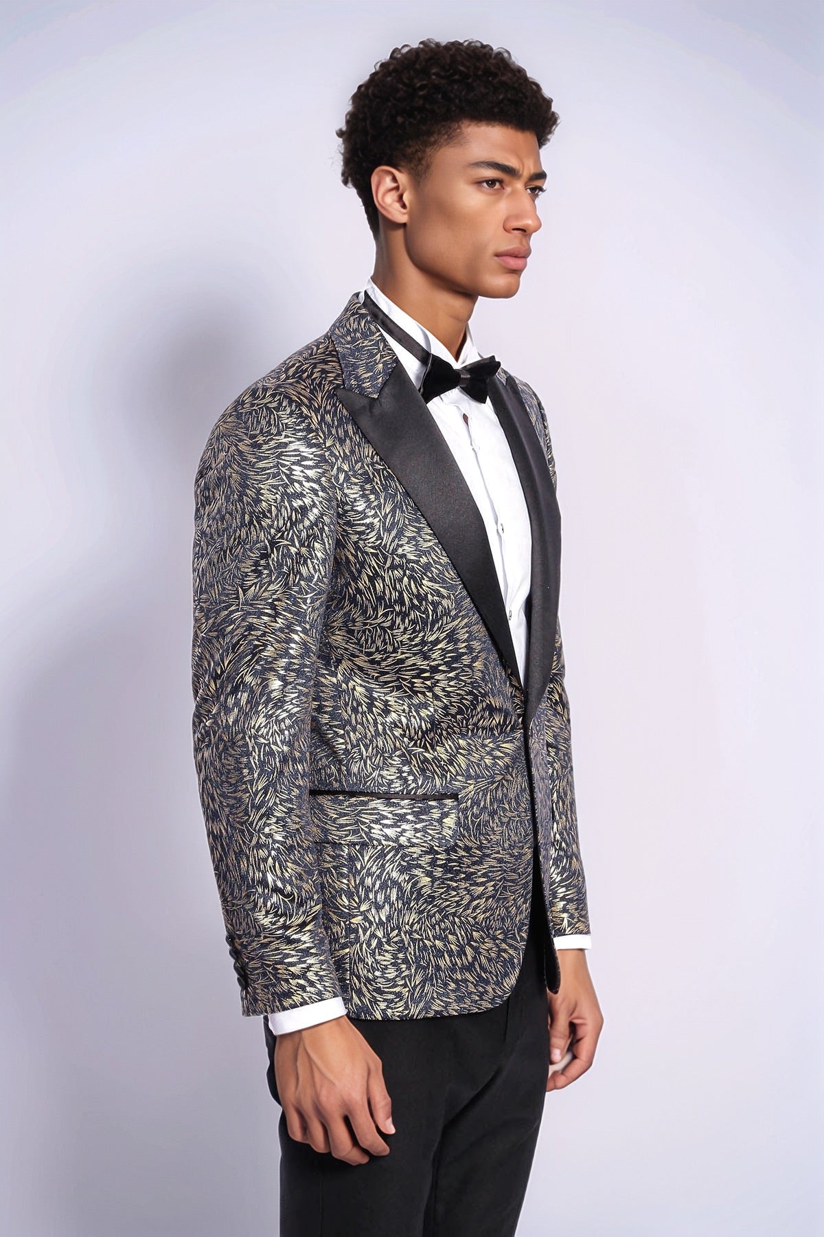 Feather Patterned Slim Fit Navy Blue Men Dinner Jacket - Wessi