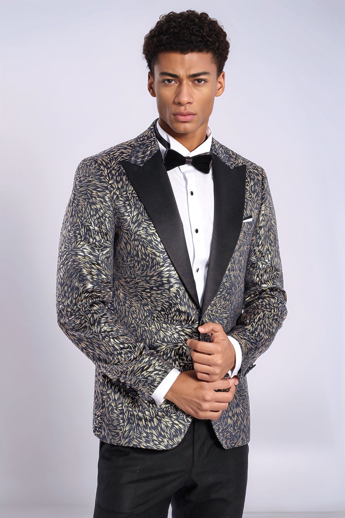 Feather Patterned Slim Fit Navy Blue Men Dinner Jacket - Wessi
