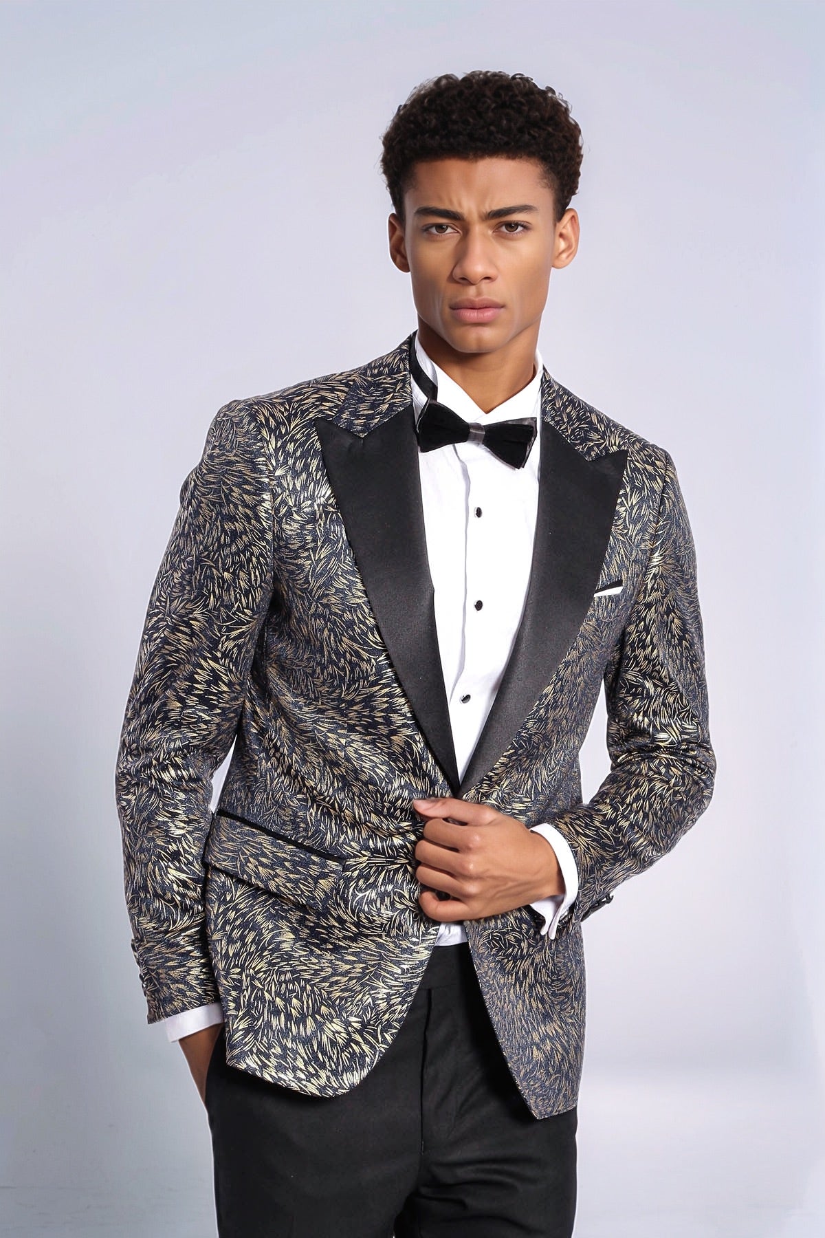 Feather Patterned Slim Fit Navy Blue Men Dinner Jacket - Wessi