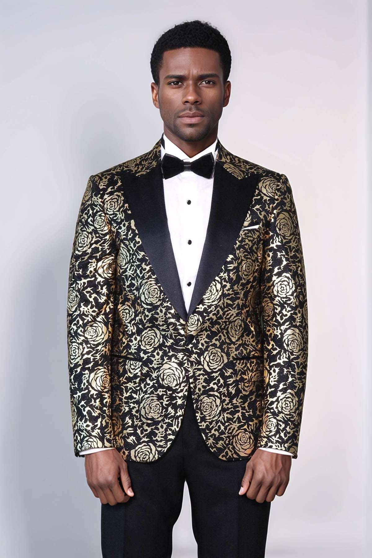 Gold Rose Patterned Slim Fit Black Men Singer Tuxedo Blazer - Wessi