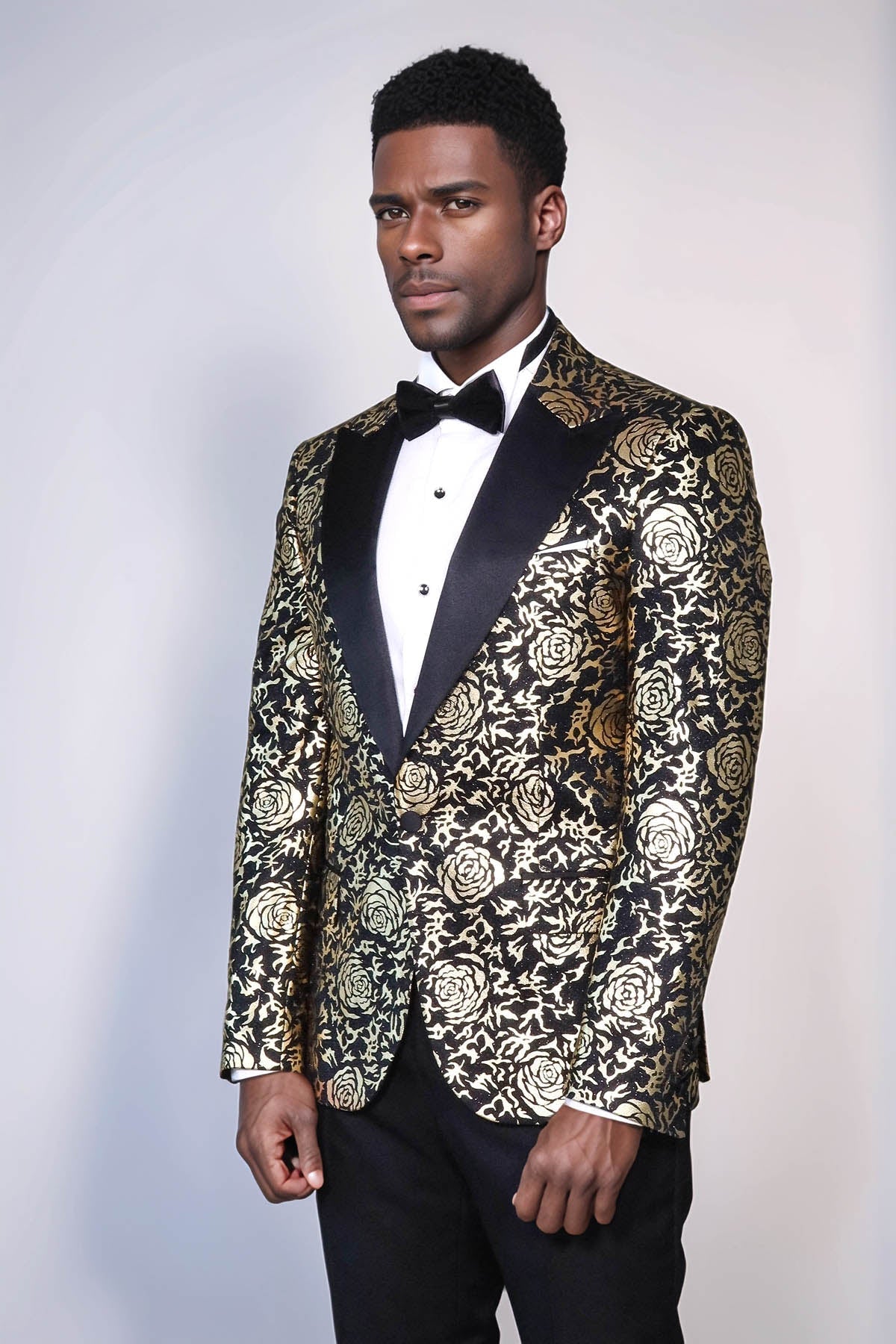 Gold Rose Patterned Slim Fit Black Men Singer Tuxedo Blazer - Wessi