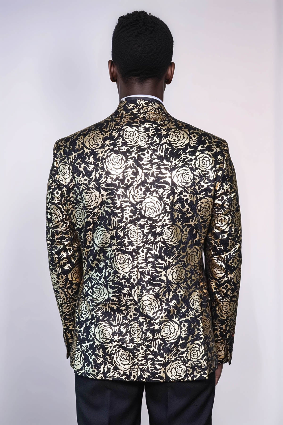 Gold Rose Patterned Slim Fit Black Men Singer Tuxedo Blazer - Wessi