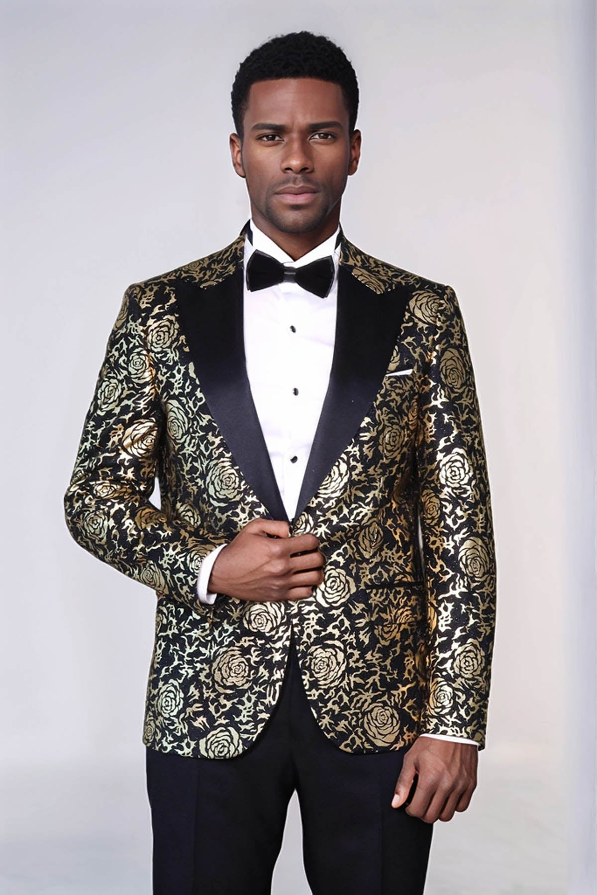 Gold Rose Patterned Slim Fit Black Men Singer Tuxedo Blazer - Wessi
