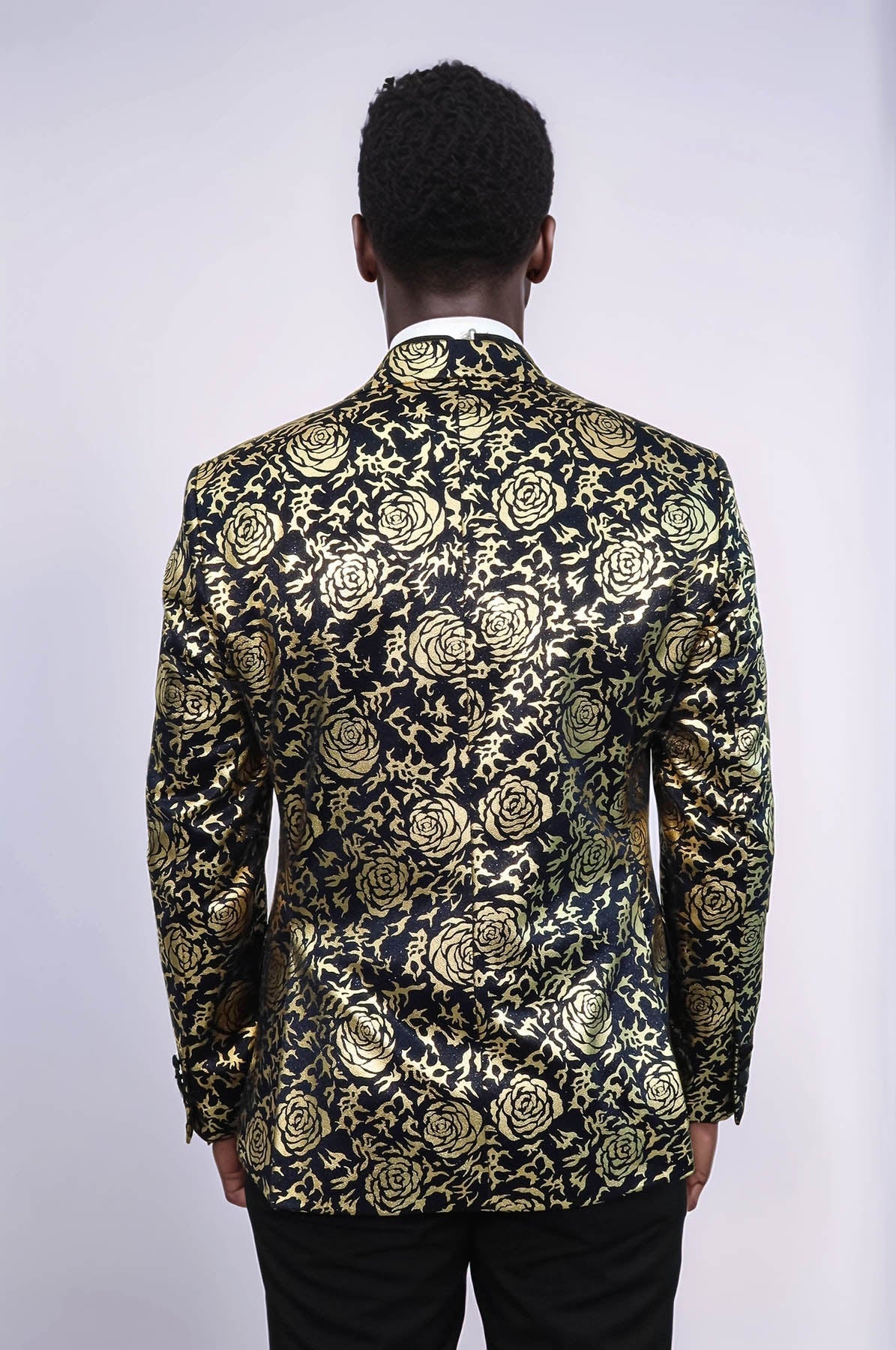 KOALA SYDNEY Gold Rose Patterned Slim Fit Navy Blue Men Prom Blazer and Trousers Combination Suit