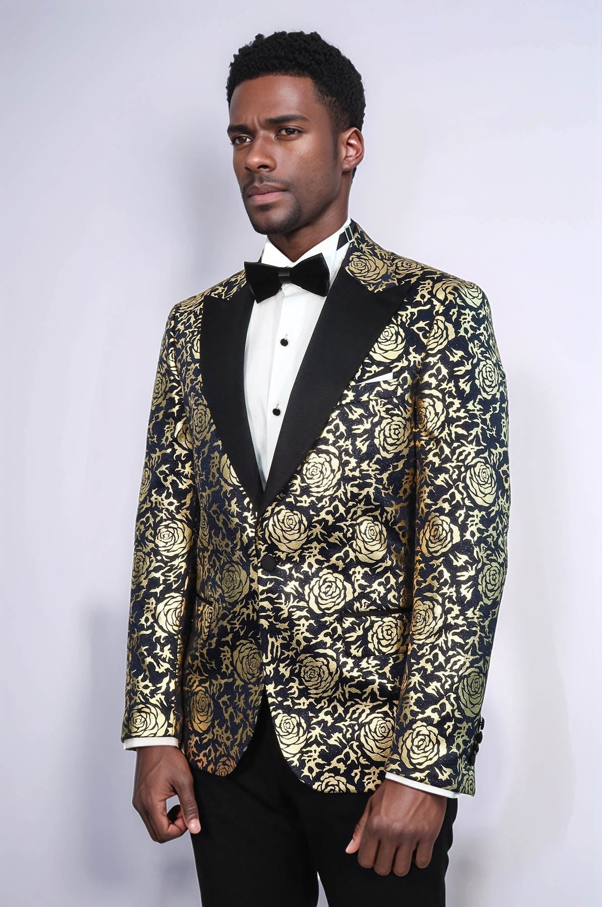 KOALA SYDNEY Gold Rose Patterned Slim Fit Navy Blue Men Prom Blazer and Trousers Combination Suit
