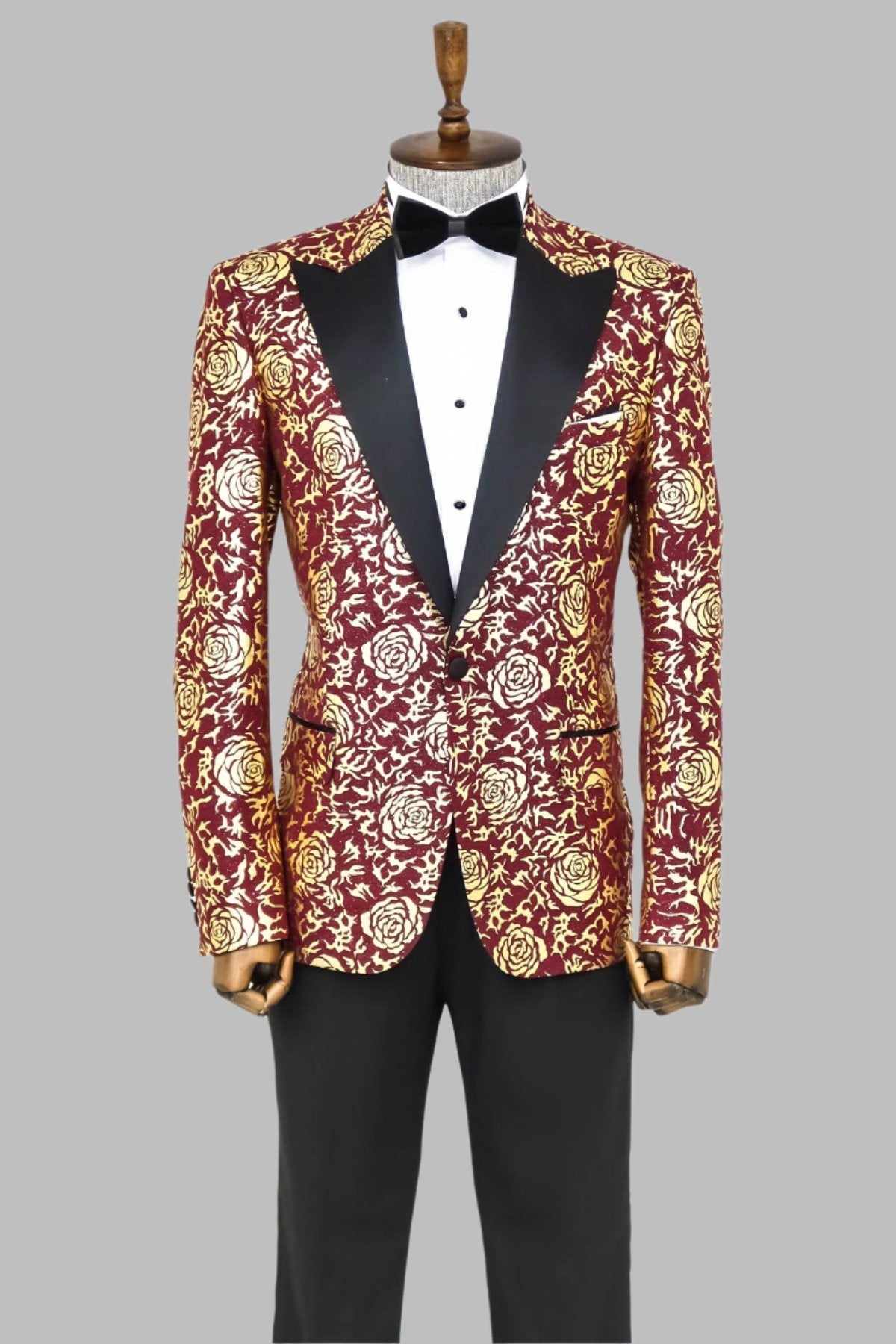 Gold Rose Patterned Slim Fit Burgundy Men Shinny Blazer -