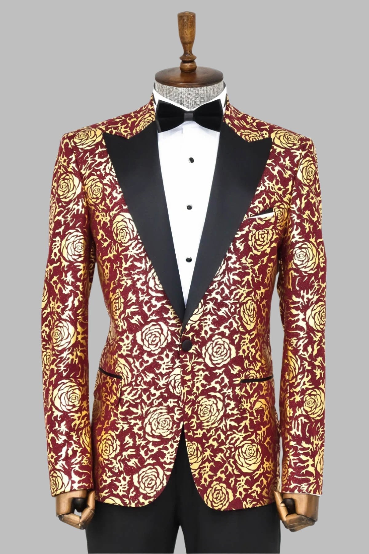 Gold Rose Patterned Slim Fit Burgundy Men Shinny Blazer -