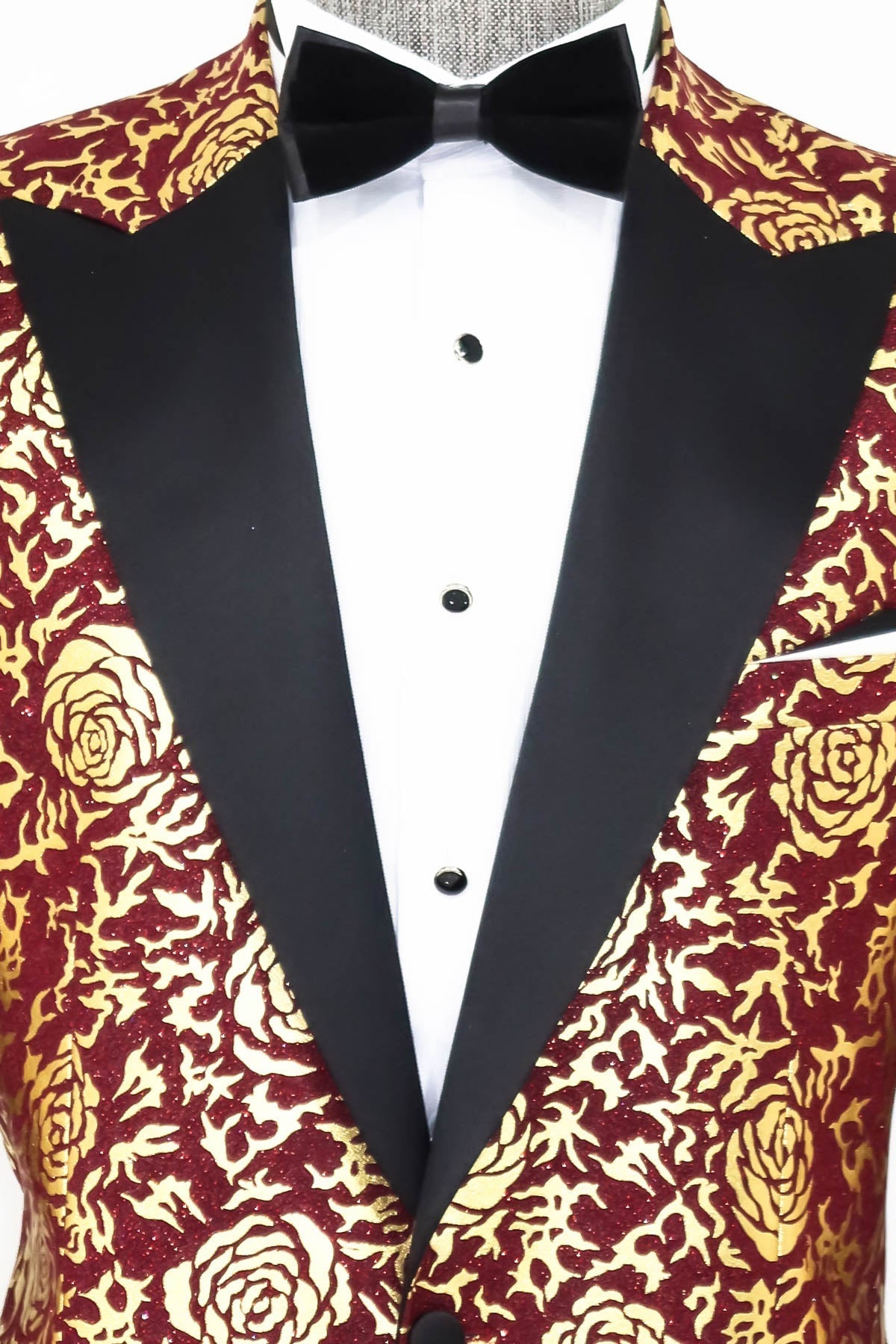 Gold Rose Patterned Slim Fit Burgundy Men Shinny Blazer -