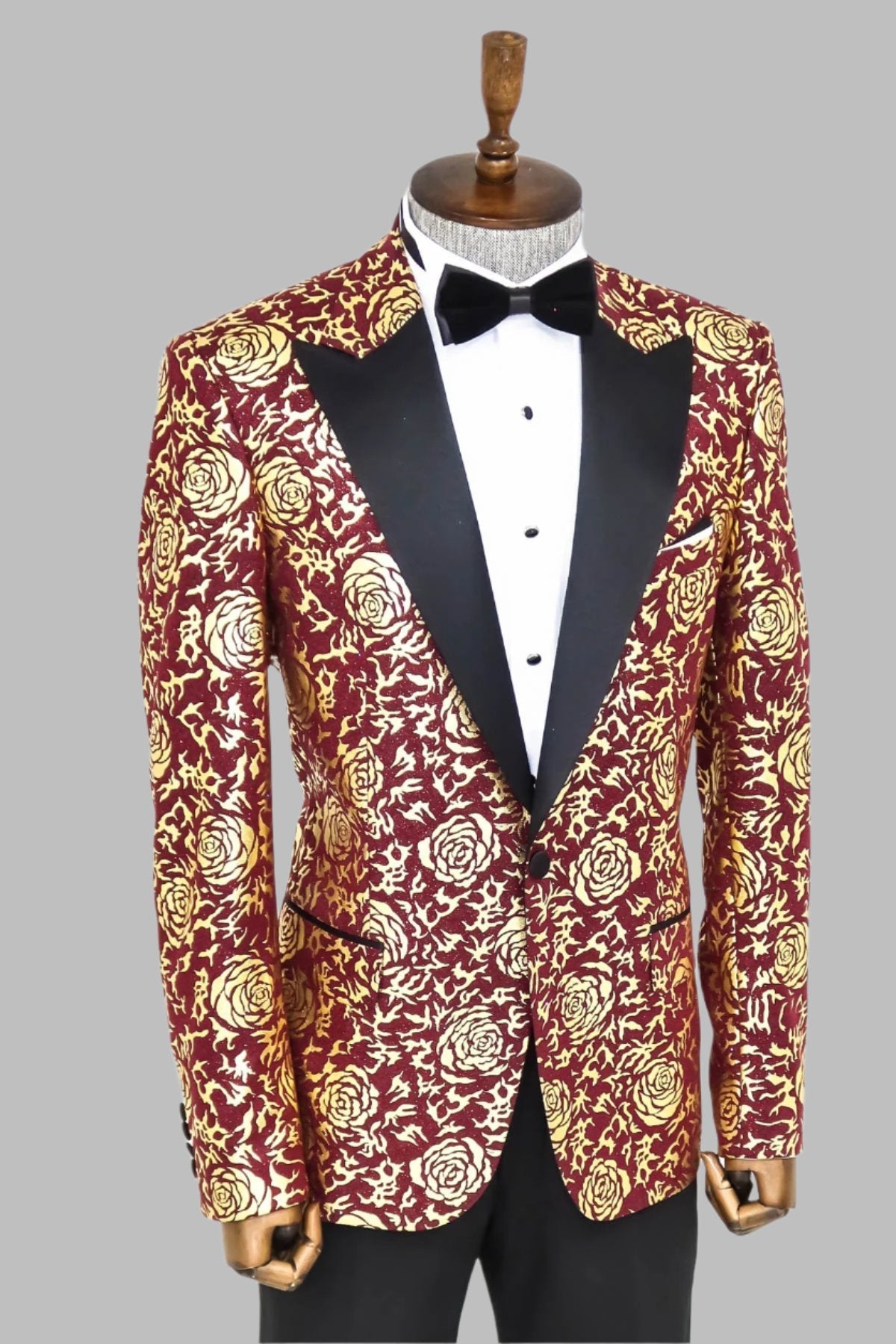 Gold Rose Patterned Slim Fit Burgundy Men Shinny Blazer -