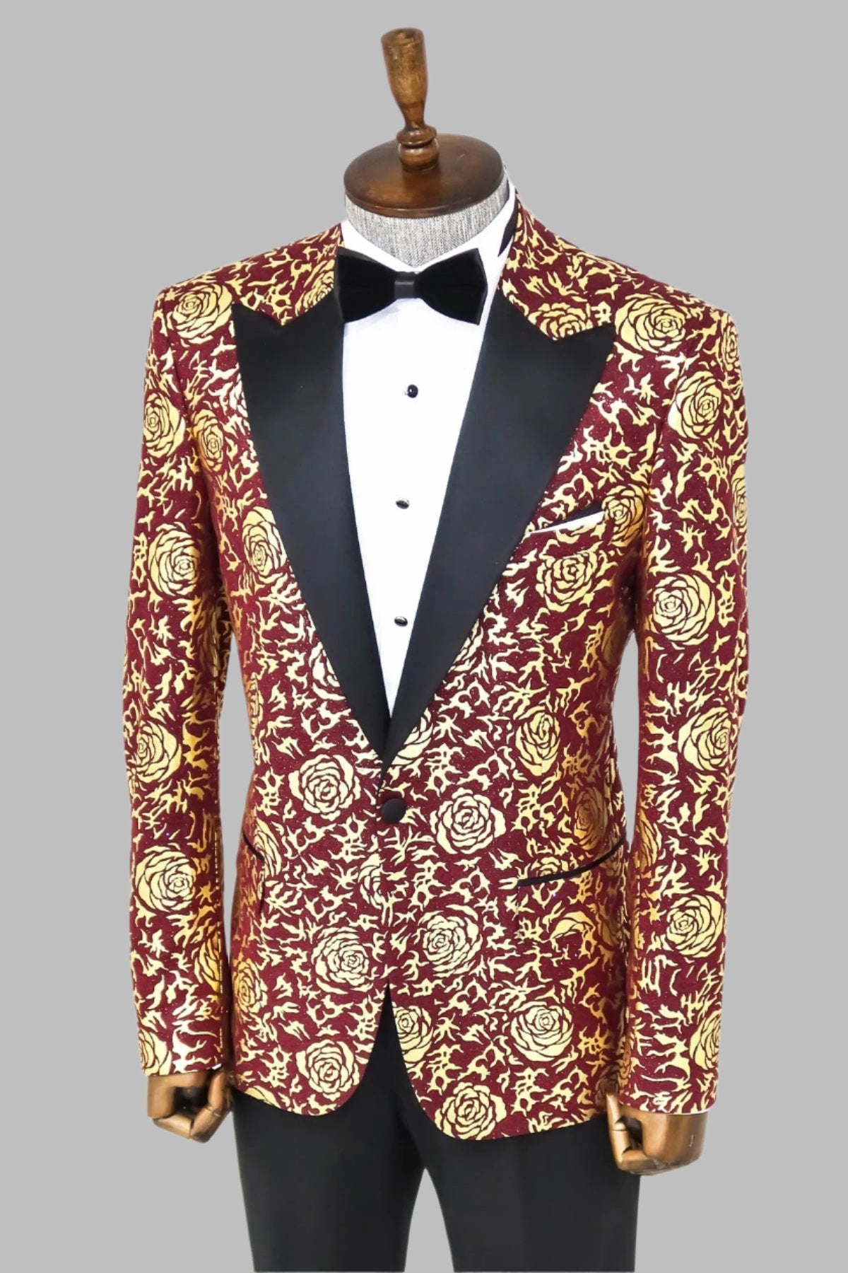 Gold Rose Patterned Slim Fit Burgundy Men Shinny Blazer -