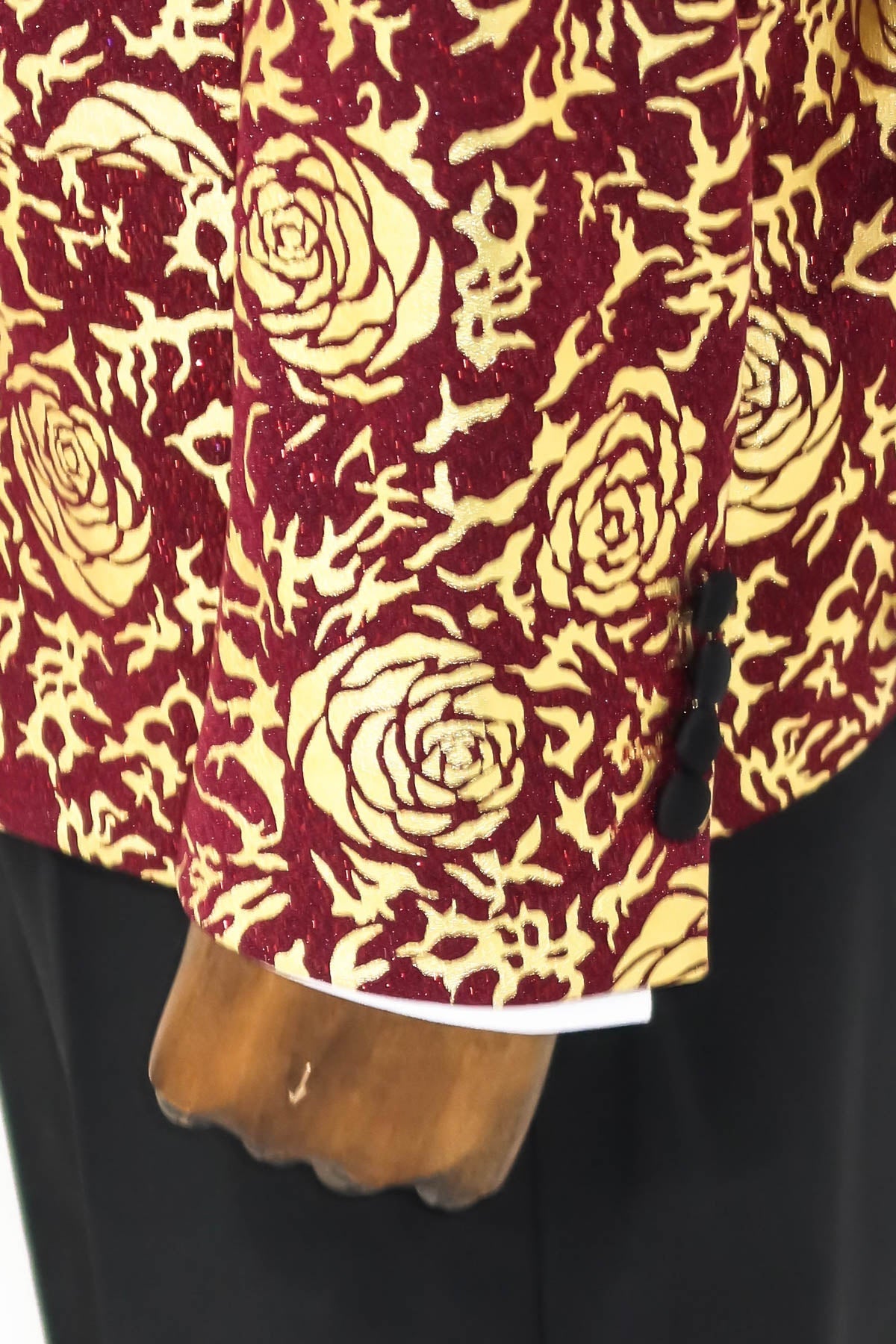 Gold Rose Patterned Slim Fit Burgundy Men Shinny Blazer -