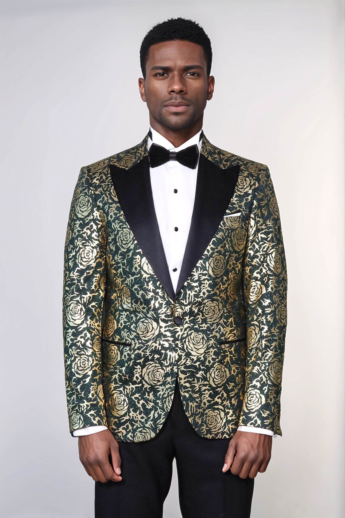 Gold Rose Patterned Slim Fit Green Men Singer Tuxedo Jacket - Wessi