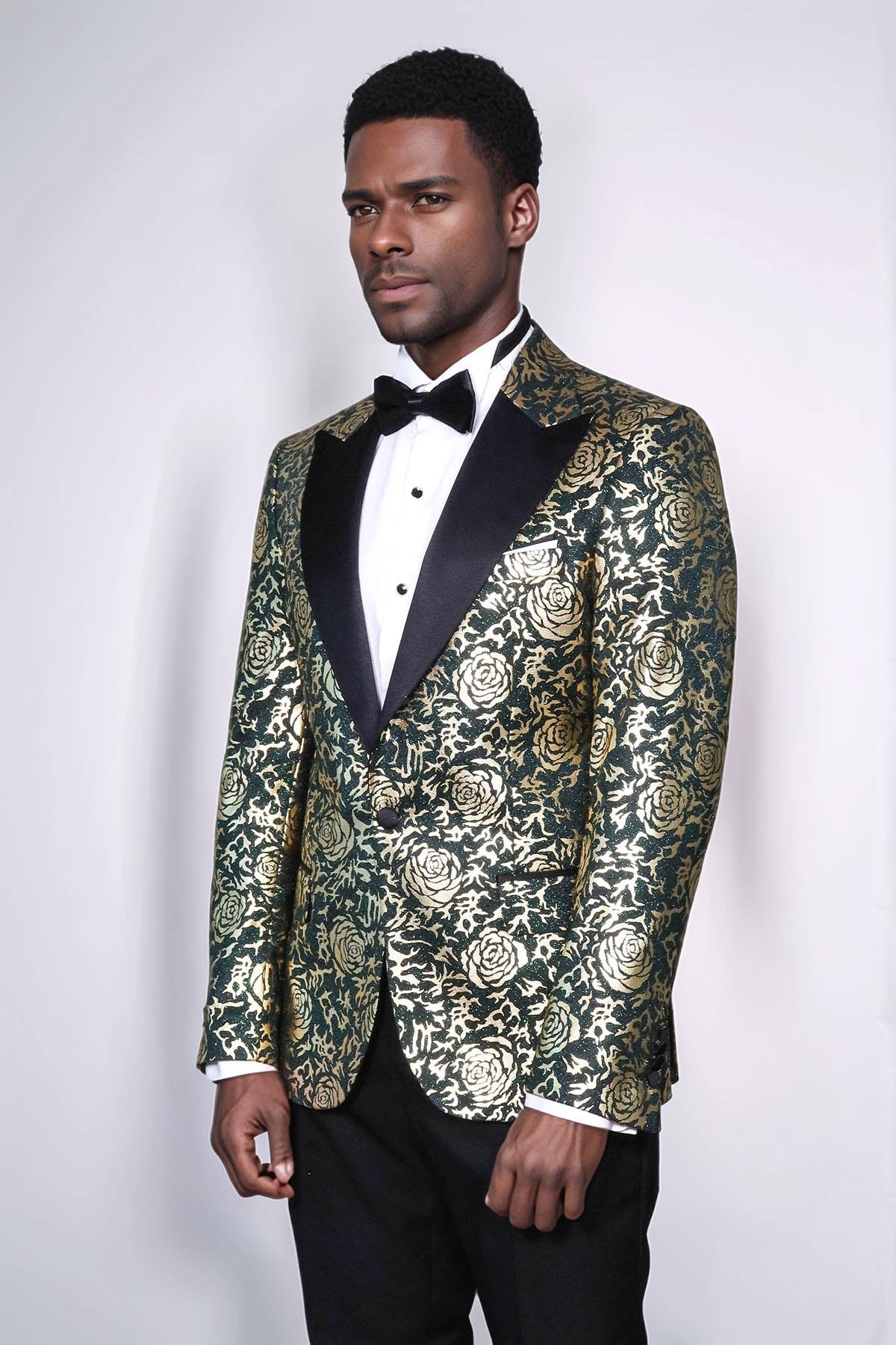 Gold Rose Patterned Slim Fit Green Men Singer Tuxedo Jacket - Wessi