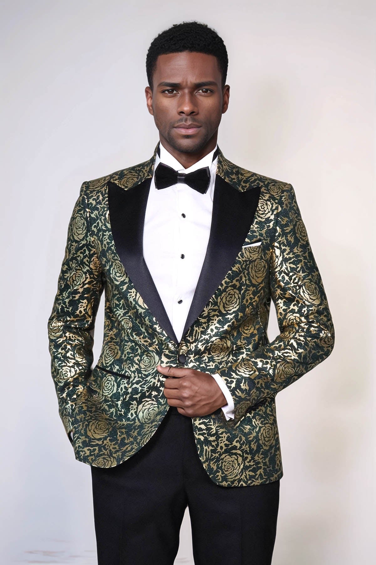 Gold Rose Patterned Slim Fit Green Men Singer Tuxedo Jacket - Wessi