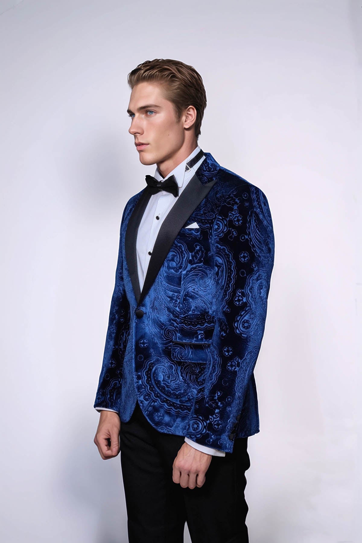 Floral Patterned Velvet Navy Blue Men Tuxedo Blazer - Wessi