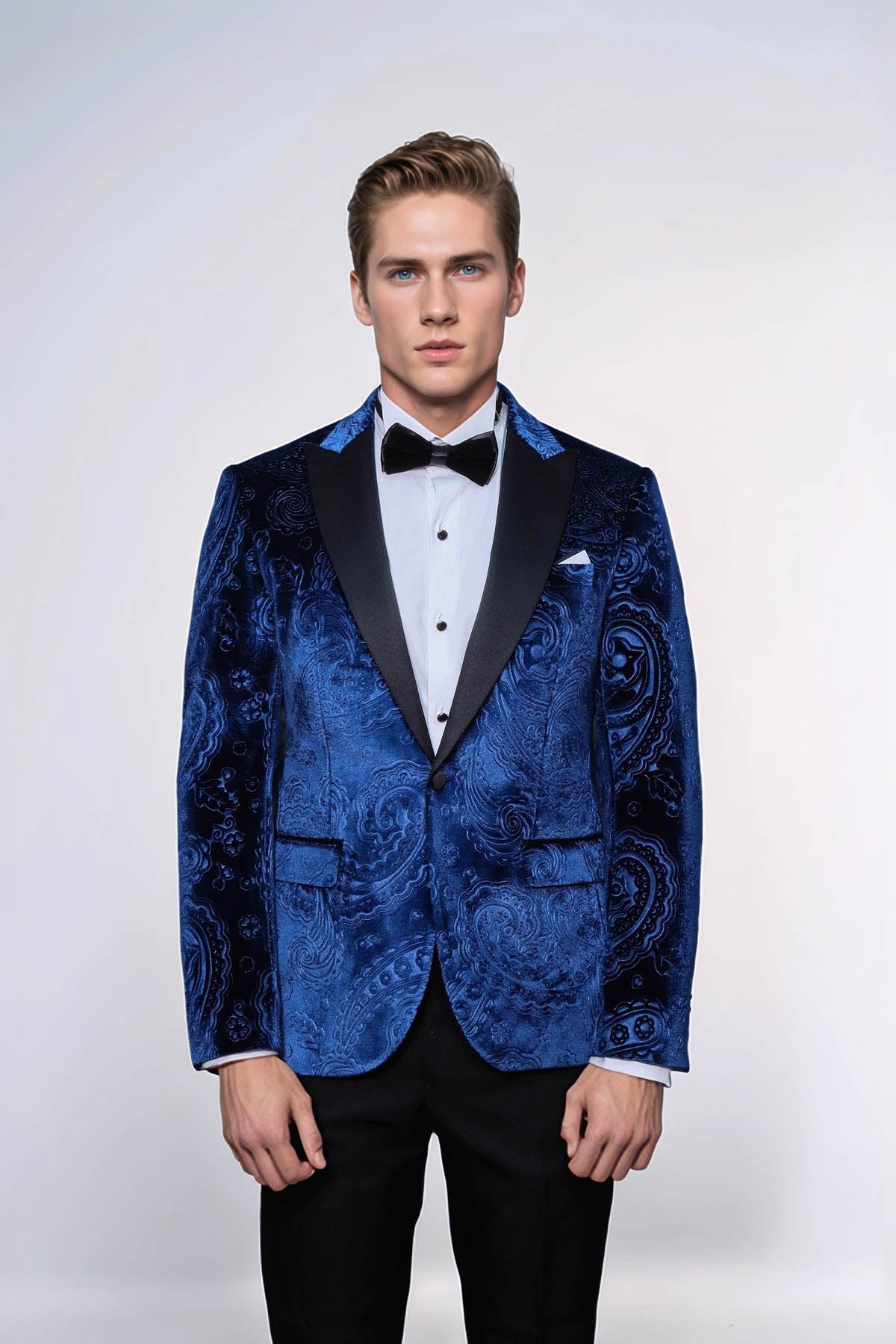 Floral Patterned Velvet Navy Blue Men Tuxedo Blazer - Wessi