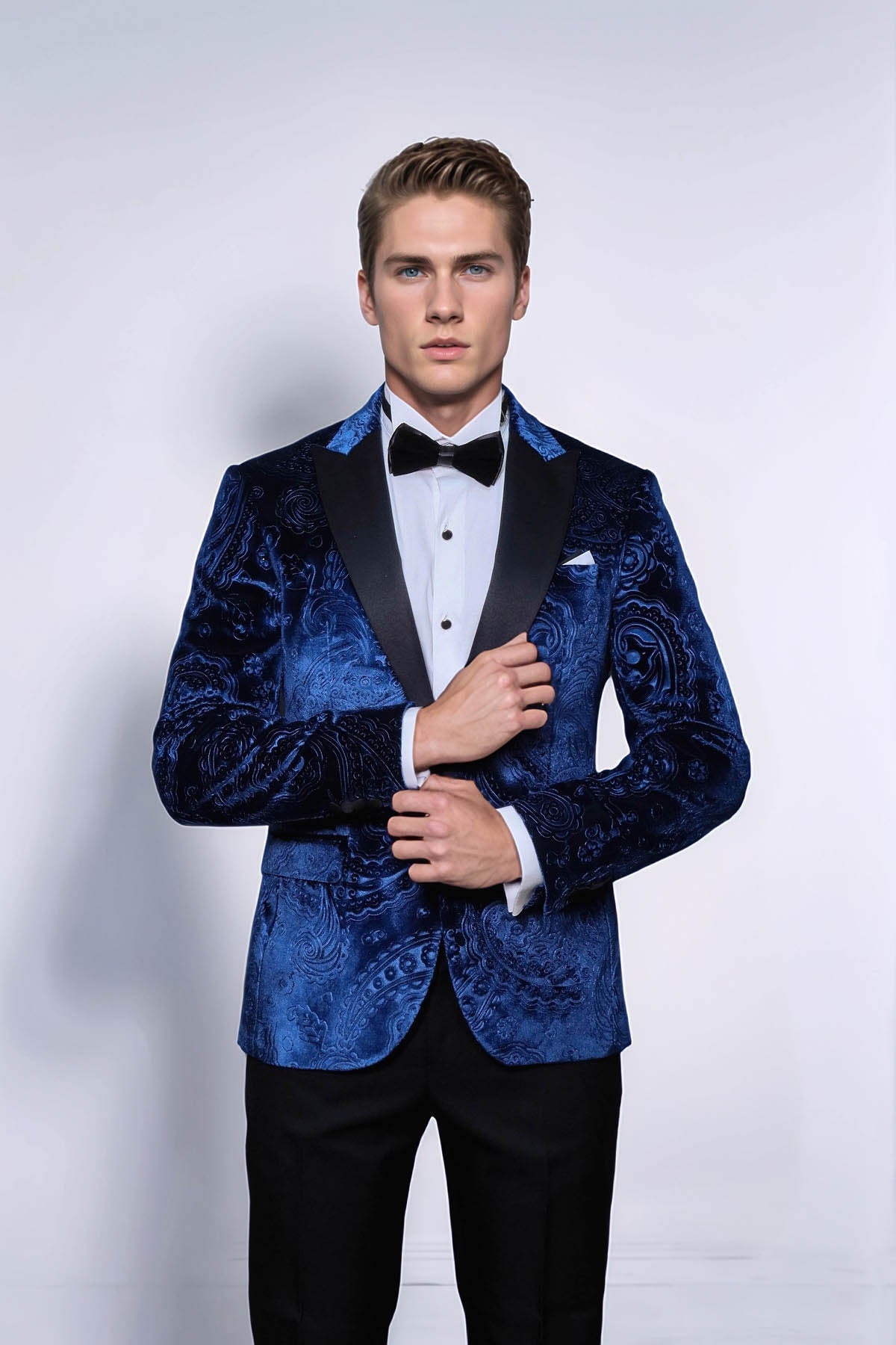 Floral Patterned Velvet Navy Blue Men Tuxedo Blazer - Wessi