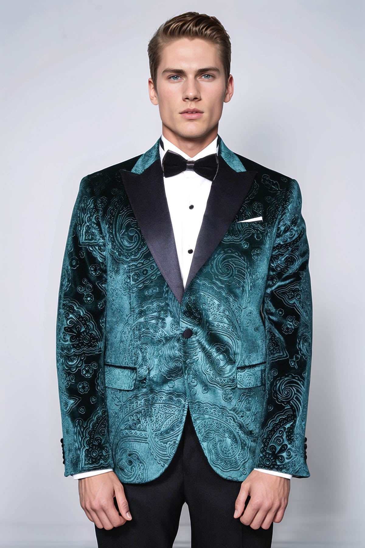 Floral Patterned Velvet Green Men Evening Jacket