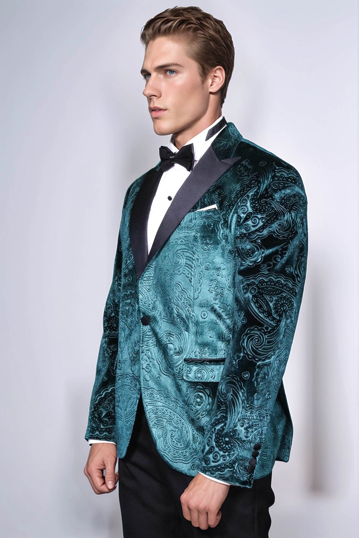 Floral Patterned Velvet Green Men Evening Jacket