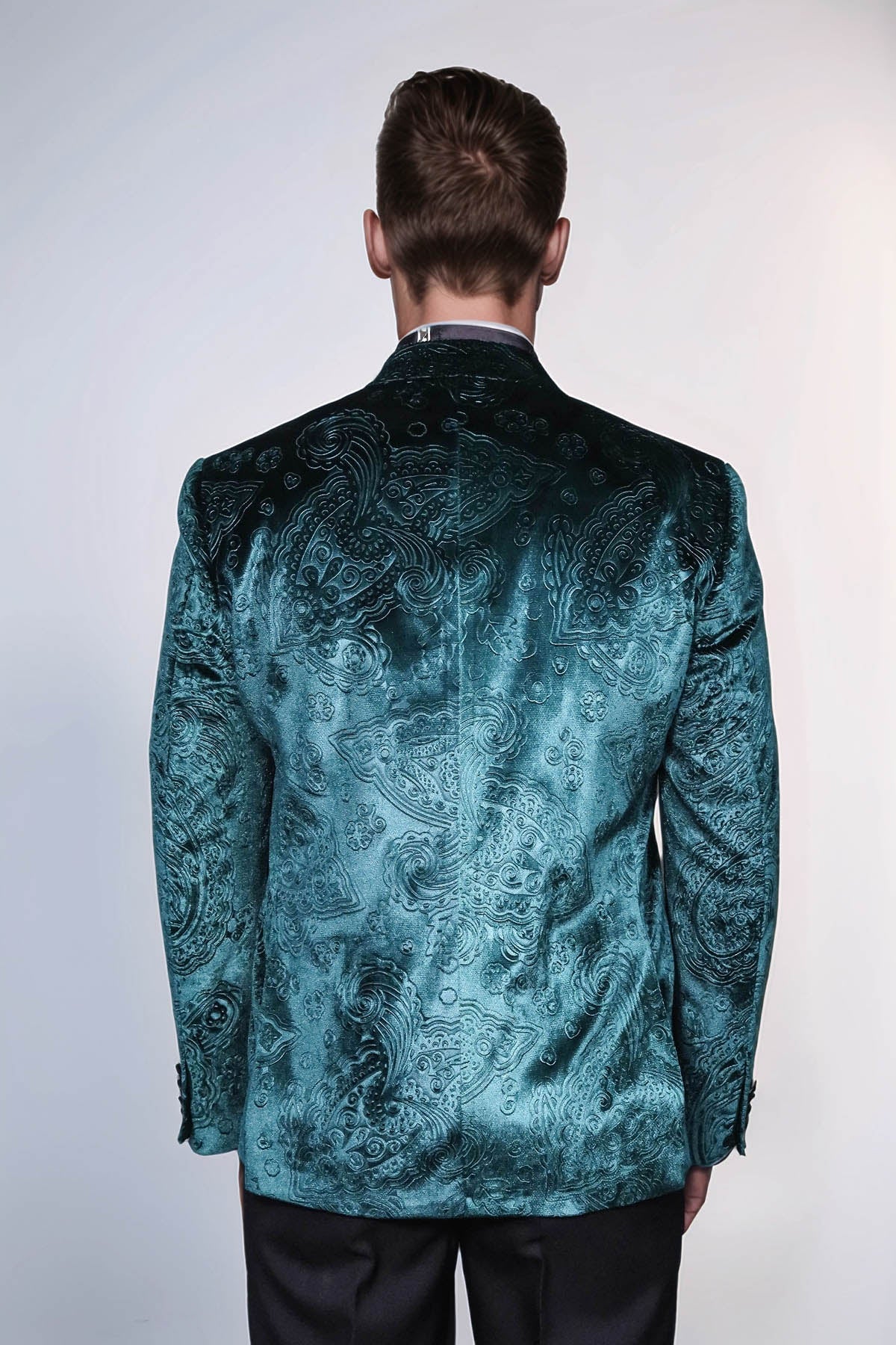 Floral Patterned Velvet Green Men Evening Jacket