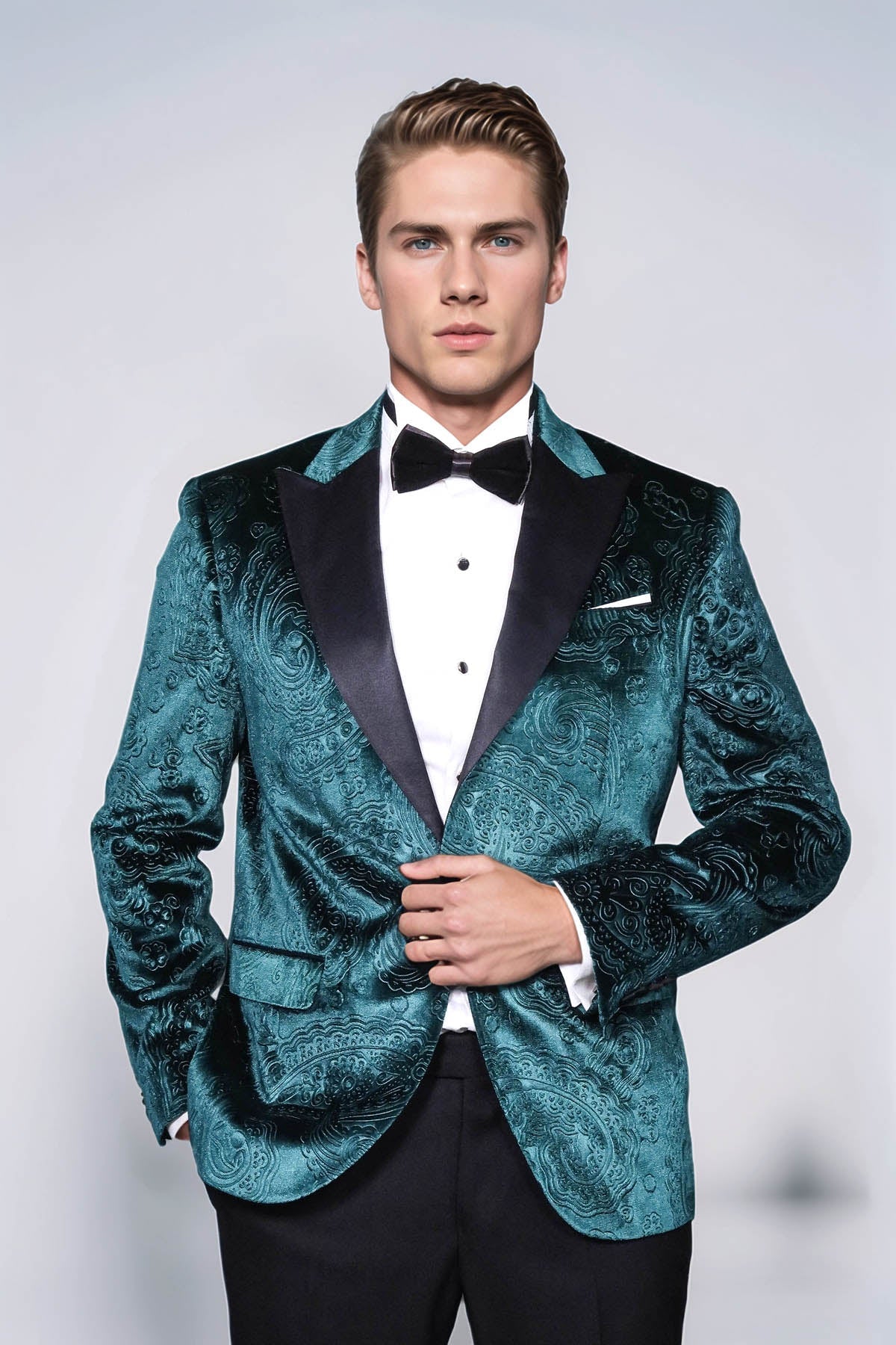 Floral Patterned Velvet Green Men Evening Jacket