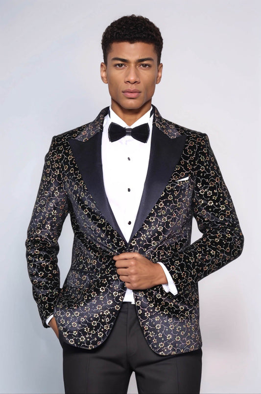 Tiny Flower Pattern Black Men Tuxedo Blazer