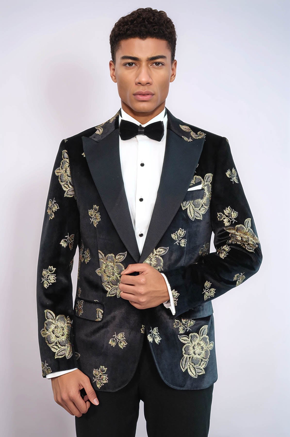 KOALA SYDNEY Gold Floral Patterned Shiny Black Men Prom Blazer and Trousers Combination Suit