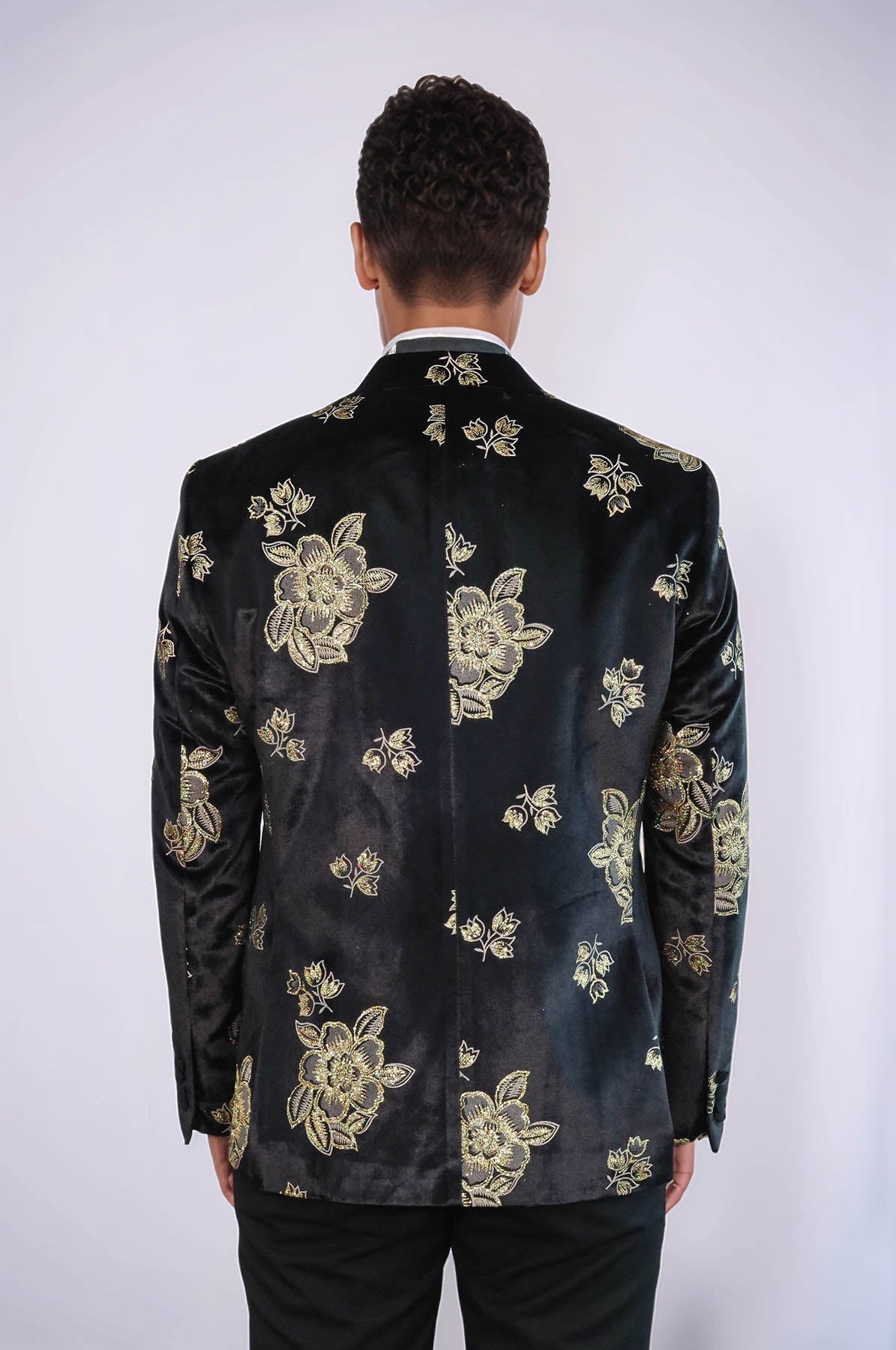KOALA SYDNEY Gold Floral Patterned Shiny Black Men Prom Blazer and Trousers Combination Suit
