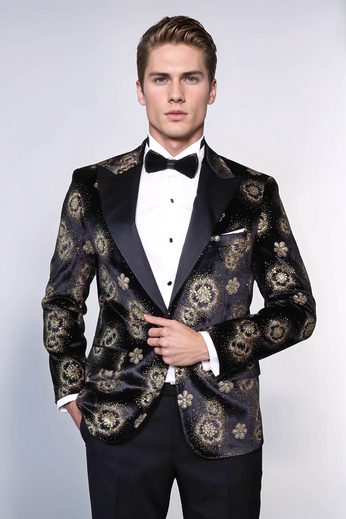 KOALA SYDNEY Black Patterned Over Black Men Prom Blazer