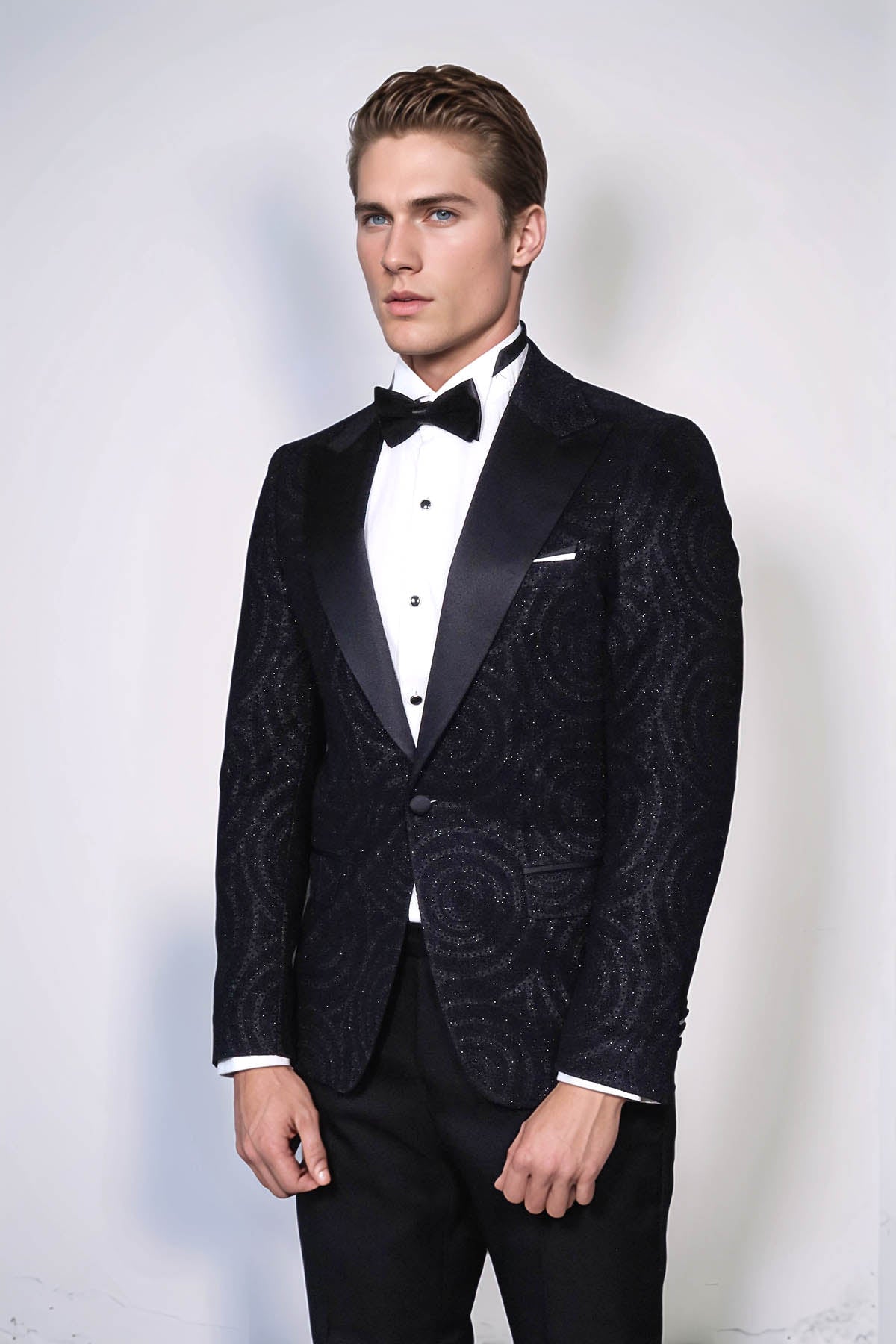 Hypnose Patterned Peak Lapel Slim Fit Black Men Tuxedo Blazer - Wessi
