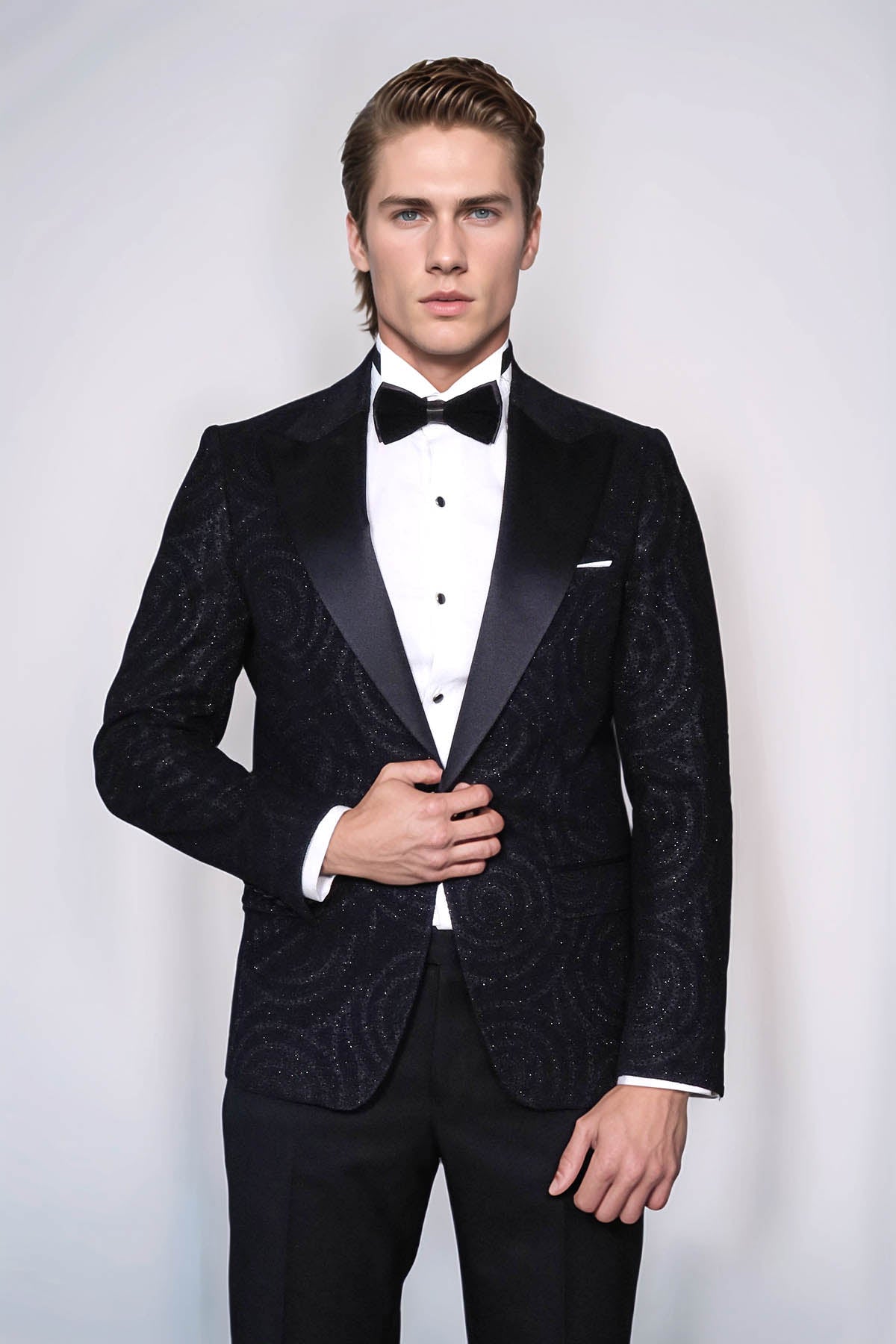 Hypnose Patterned Peak Lapel Slim Fit Black Men Tuxedo Blazer - Wessi