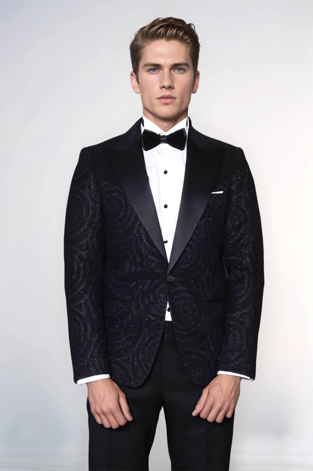Hypnose Patterned Peak Lapel Slim Fit Black Men Tuxedo Blazer - Wessi