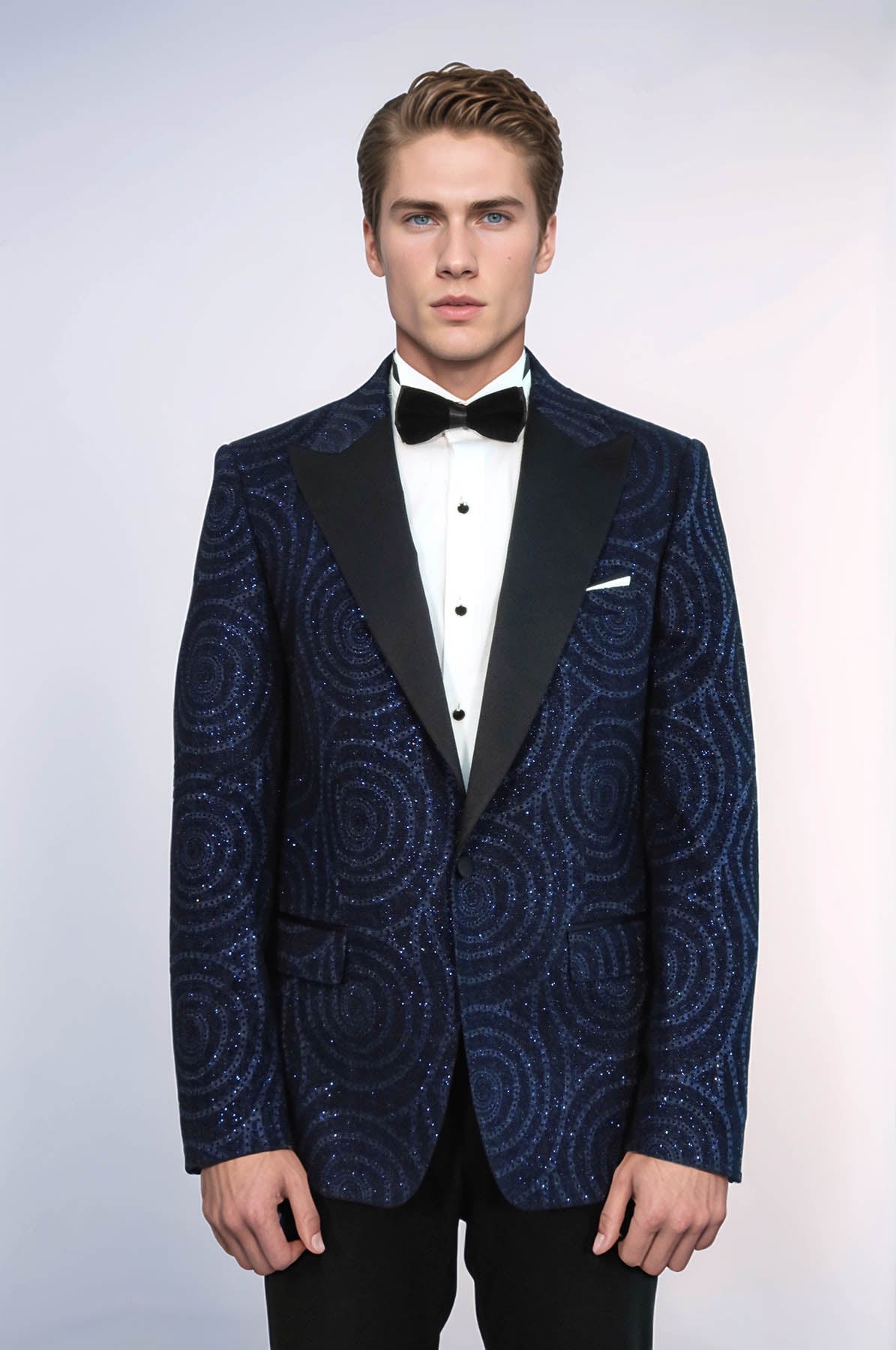 Hypnose Pattern Peak Lapel Slim Fit Navy Blue Men Tuxedo Blazer - Wessi