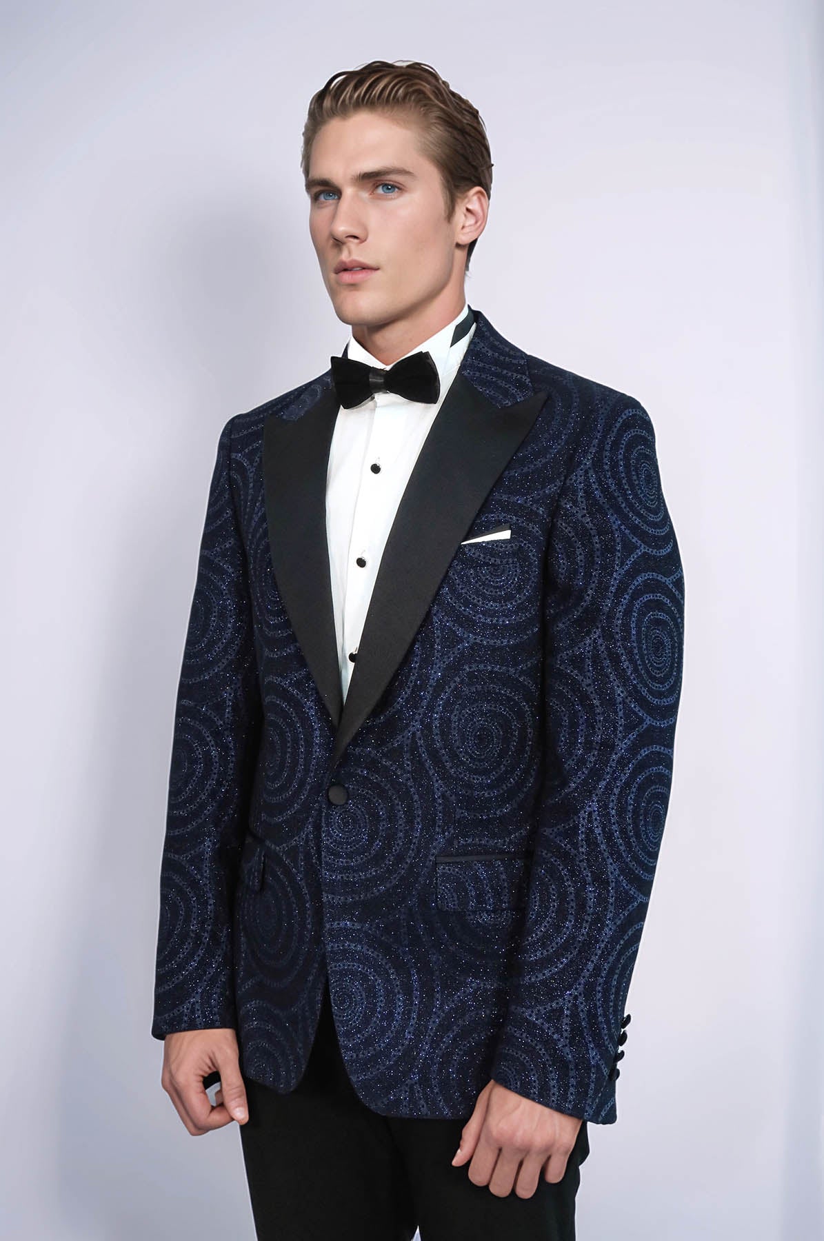 Hypnose Pattern Peak Lapel Slim Fit Navy Blue Men Tuxedo Blazer - Wessi