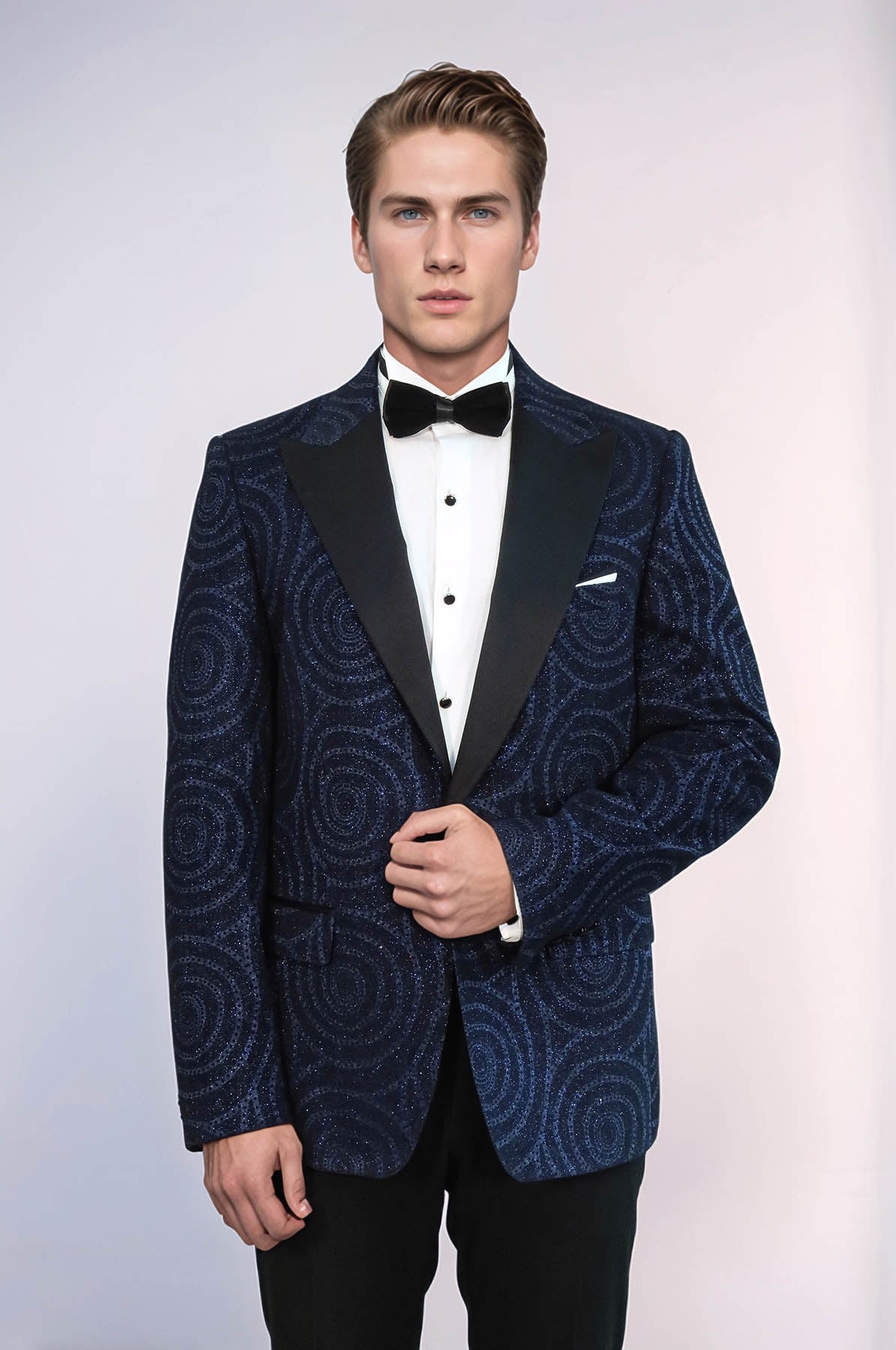 Hypnose Pattern Peak Lapel Slim Fit Navy Blue Men Tuxedo Blazer - Wessi