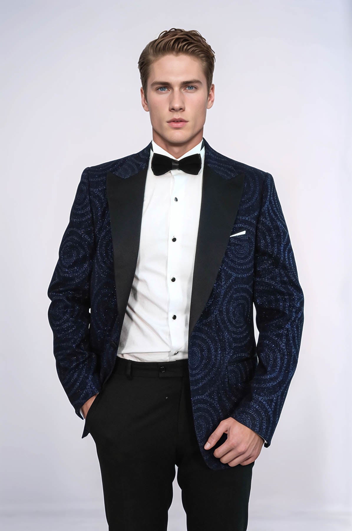 Hypnose Pattern Peak Lapel Slim Fit Navy Blue Men Tuxedo Blazer - Wessi